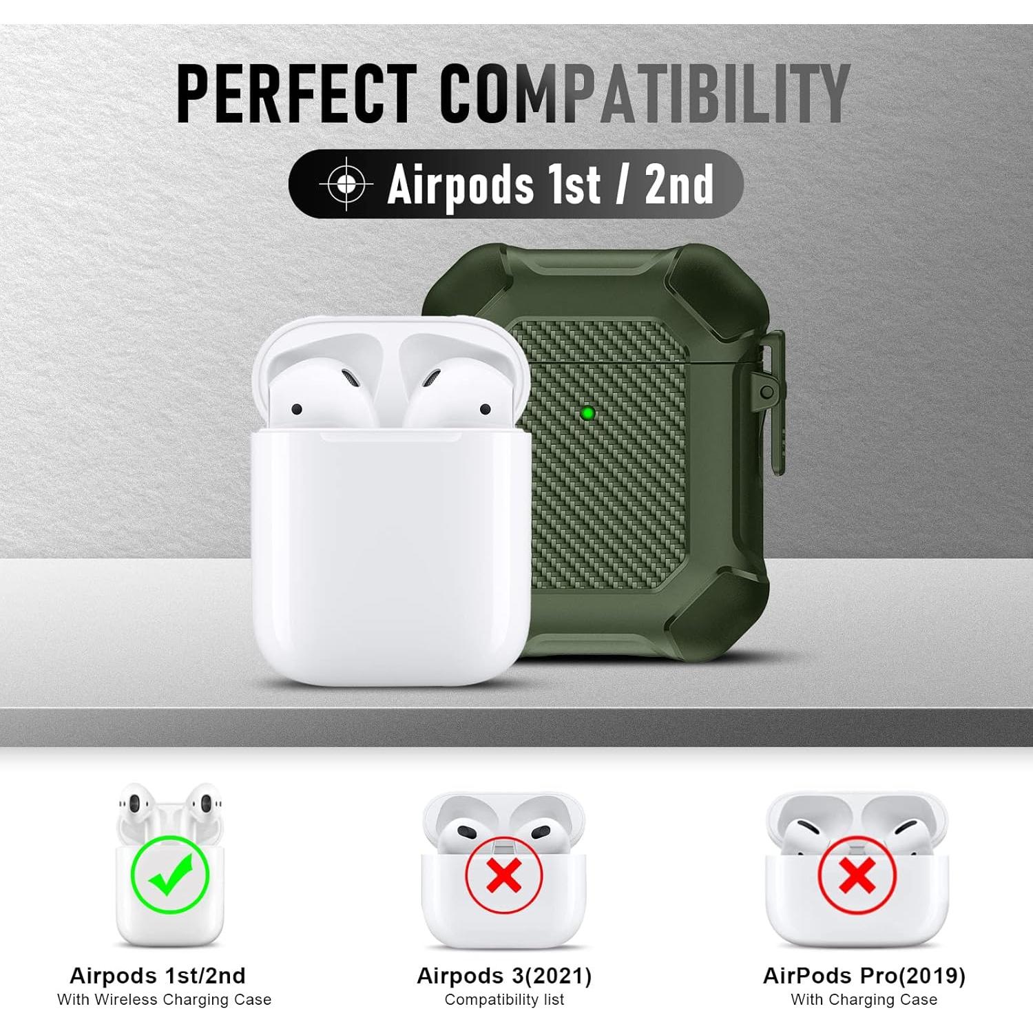 Maxjoy for Airpods Case, Carbon Fiber Secure Lock Clip Full Body Shockproof Hard Shell Protective Case Cover with Keychain for AirPod 1st and 2nd Generation Wireless Charging Case, Green