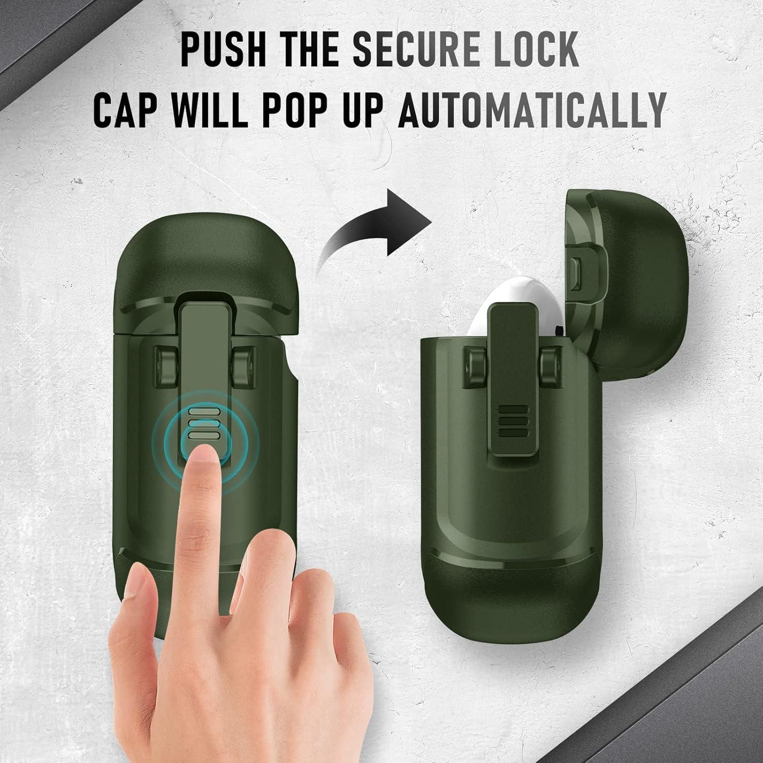 Maxjoy for Airpods Case, Carbon Fiber Secure Lock Clip Full Body Shockproof Hard Shell Protective Case Cover with Keychain for AirPod 1st and 2nd Generation Wireless Charging Case, Green