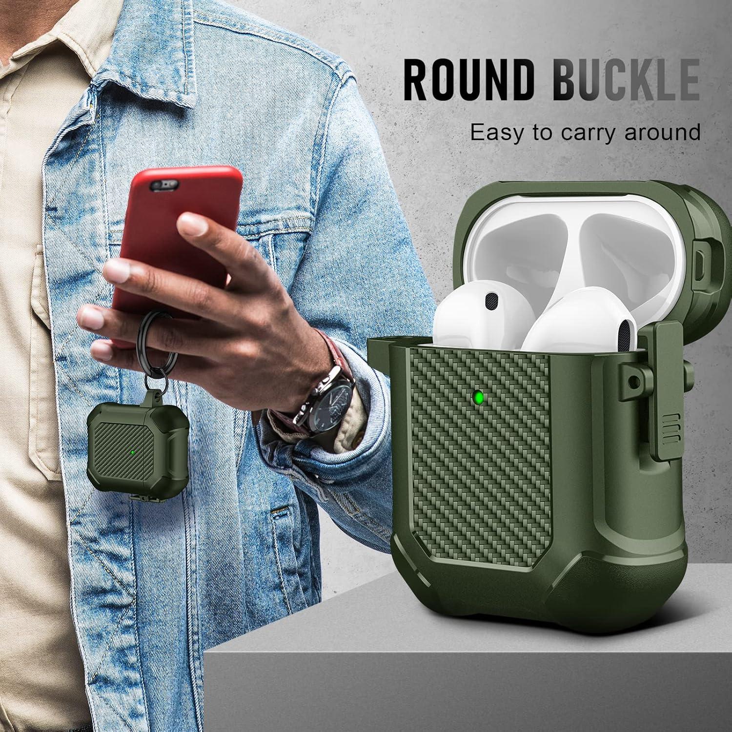 Maxjoy for Airpods Case, Carbon Fiber Secure Lock Clip Full Body Shockproof Hard Shell Protective Case Cover with Keychain for AirPod 1st and 2nd Generation Wireless Charging Case, Green