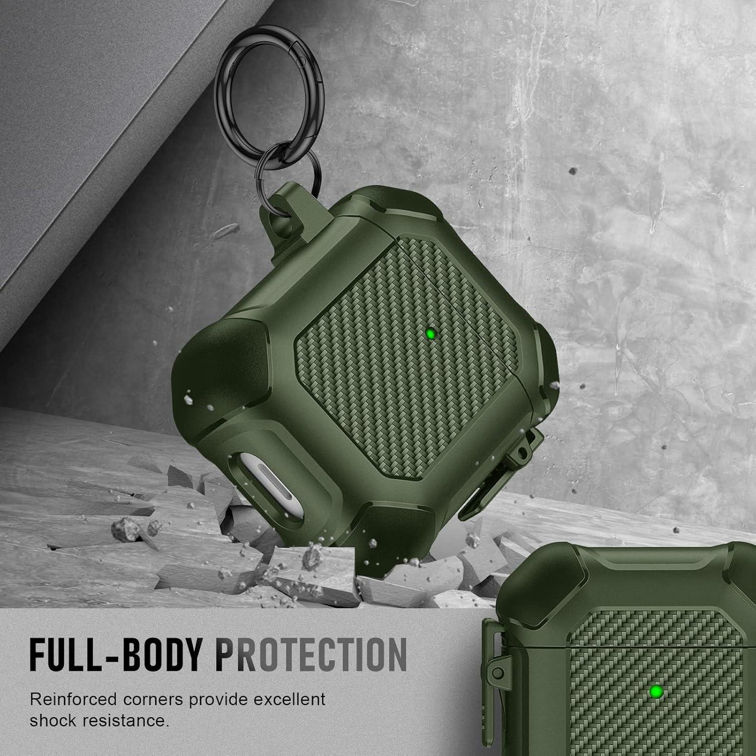 Maxjoy for Airpods Case, Carbon Fiber Secure Lock Clip Full Body Shockproof Hard Shell Protective Case Cover with Keychain for AirPod 1st and 2nd Generation Wireless Charging Case, Green
