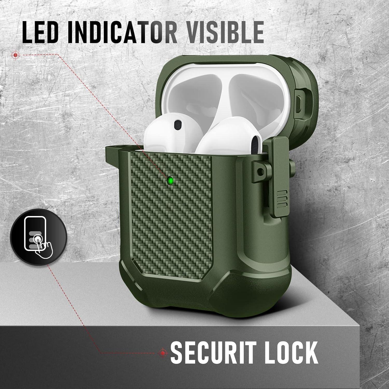 Maxjoy for Airpods Case, Carbon Fiber Secure Lock Clip Full Body Shockproof Hard Shell Protective Case Cover with Keychain for AirPod 1st and 2nd Generation Wireless Charging Case, Green