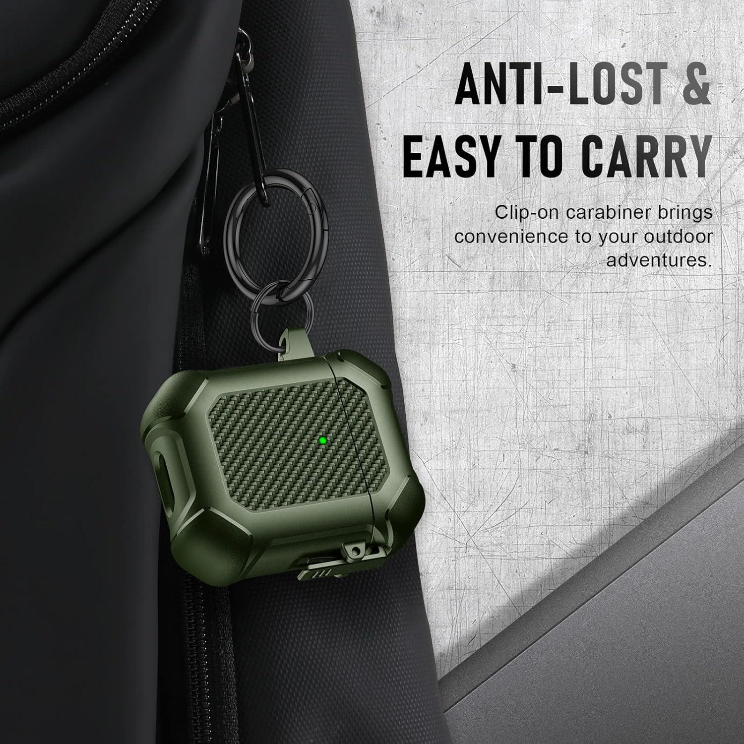 Maxjoy for Airpods Case, Carbon Fiber Secure Lock Clip Full Body Shockproof Hard Shell Protective Case Cover with Keychain for AirPod 1st and 2nd Generation Wireless Charging Case, Green
