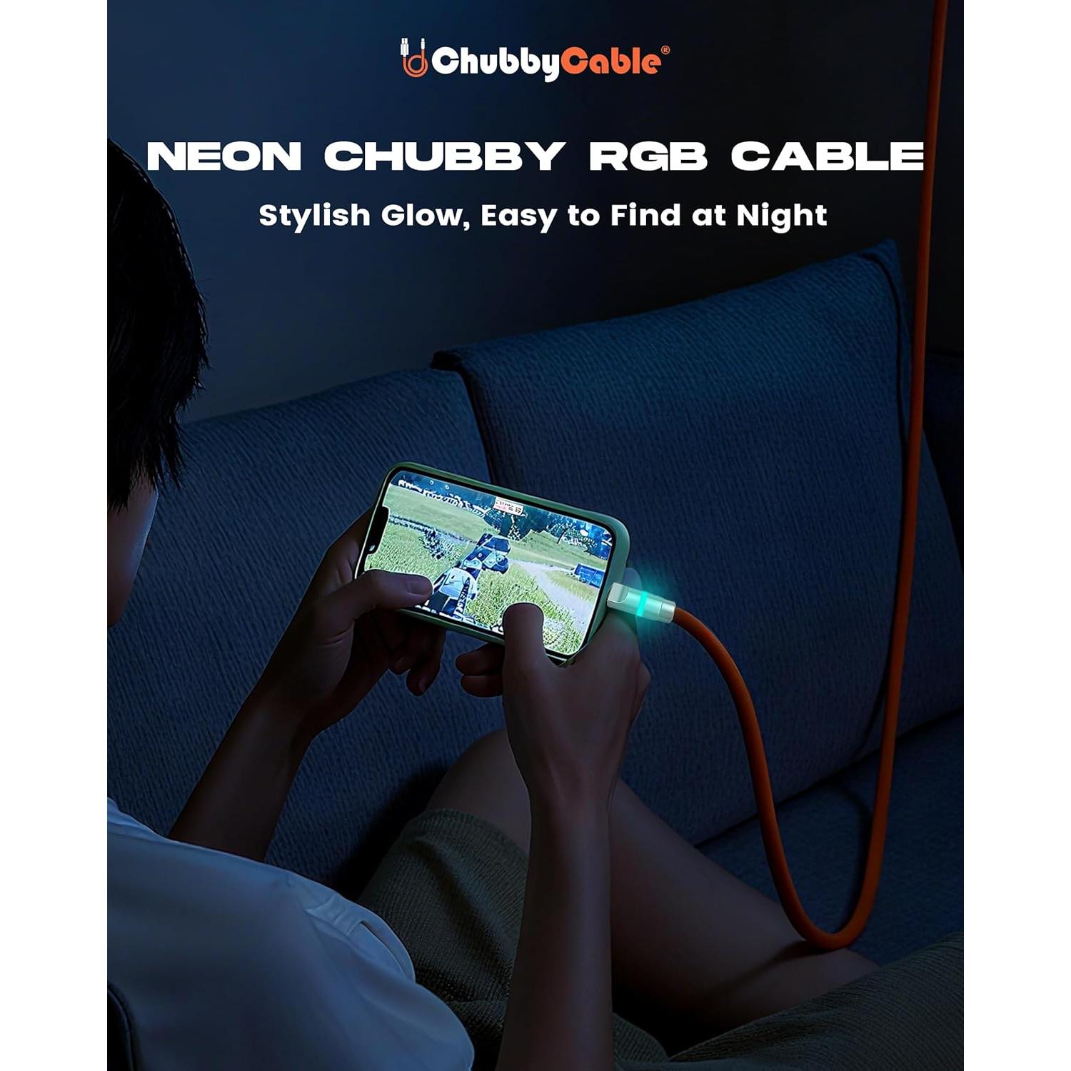 chubbycable Neon Chubby - Fast Charge Cable with Smart Light RGB Color Gradual Light Up 100W Charging Cord LED USB C Cable Compatible with iPhone 17-15 Series, Dark Blue, Type-C to Type-C, 6.6 FT