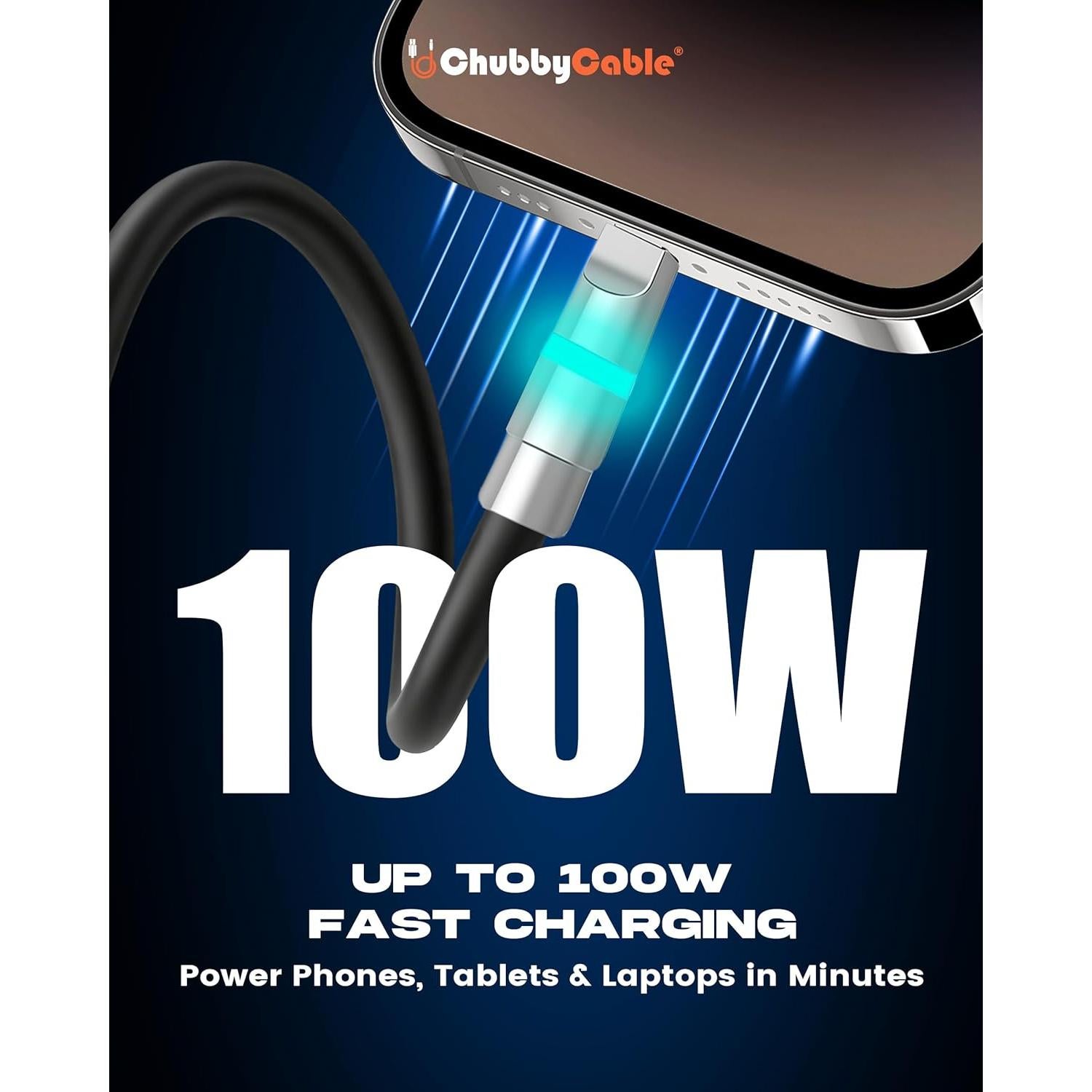 chubbycable Neon Chubby - Fast Charge Cable with Smart Light RGB Color Gradual Light Up 100W Charging Cord LED USB C Cable Compatible with iPhone 17-15 Series, Dark Blue, Type-C to Type-C, 6.6 FT