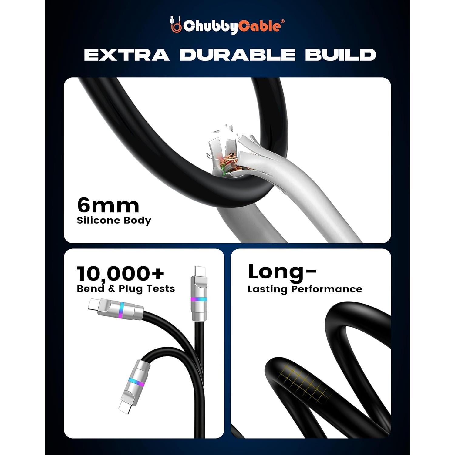 chubbycable Neon Chubby - Fast Charge Cable with Smart Light RGB Color Gradual Light Up 100W Charging Cord LED USB C Cable Compatible with iPhone 17-15 Series, Dark Blue, Type-C to Type-C, 6.6 FT