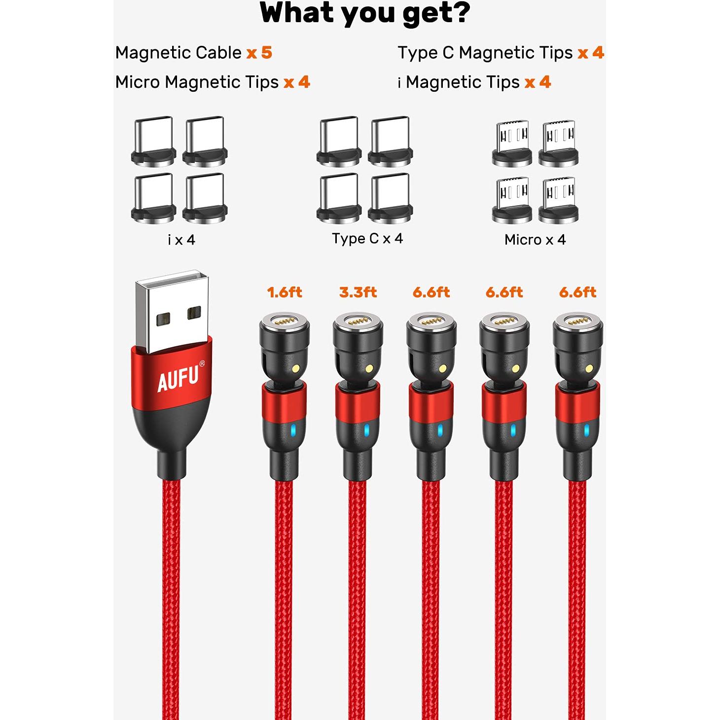 Cable de Carga Magnético AUFU 5Pack USB C 3A 0.5m-2m