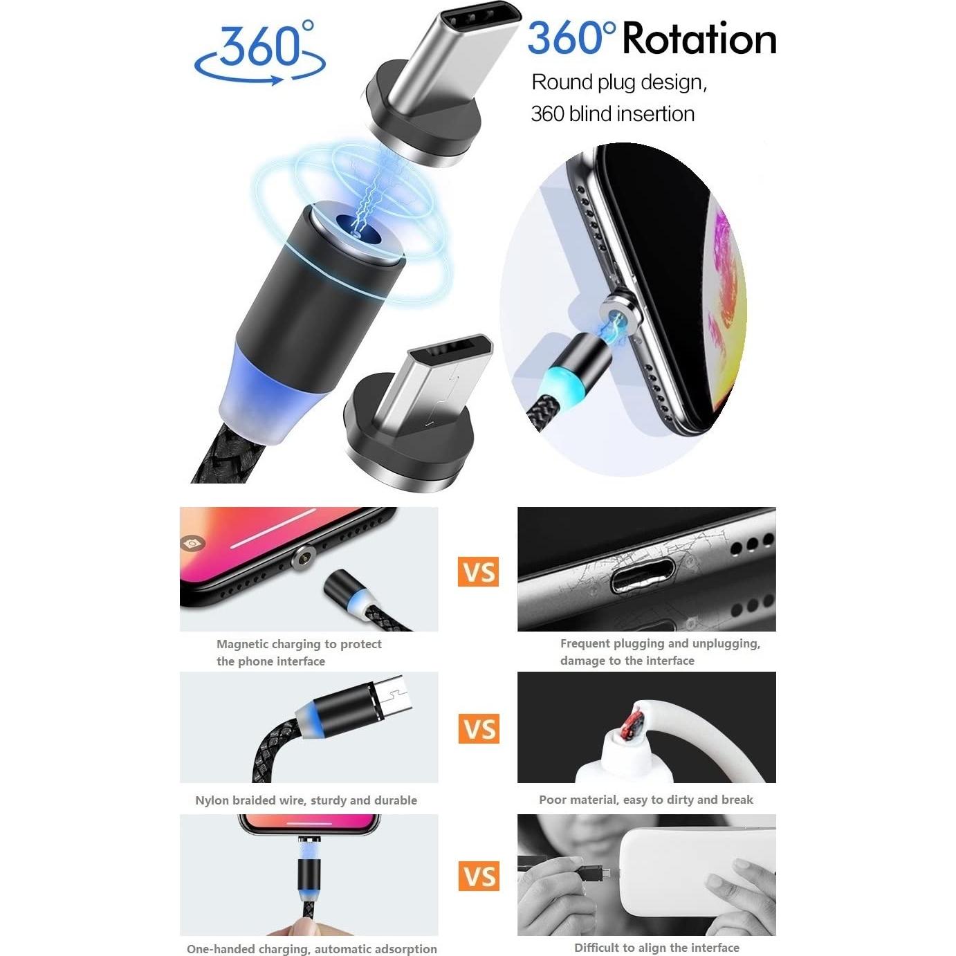 Cable de Carga Magnético Raosky 4pcs 0.2m 2.4A Nylon Trenzado