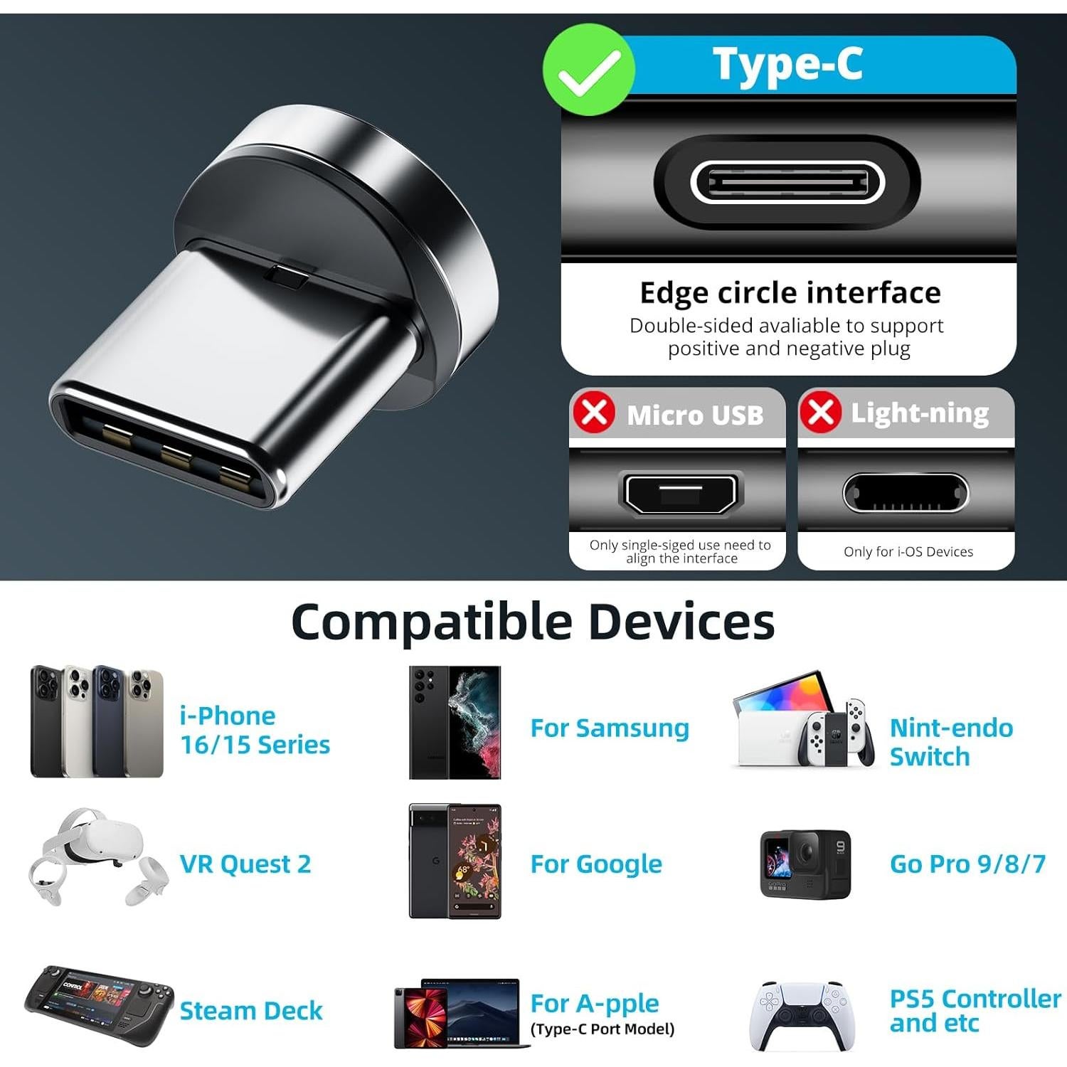 Adaptador Magnético USB C Ankndo [Paquete de 4] 360°