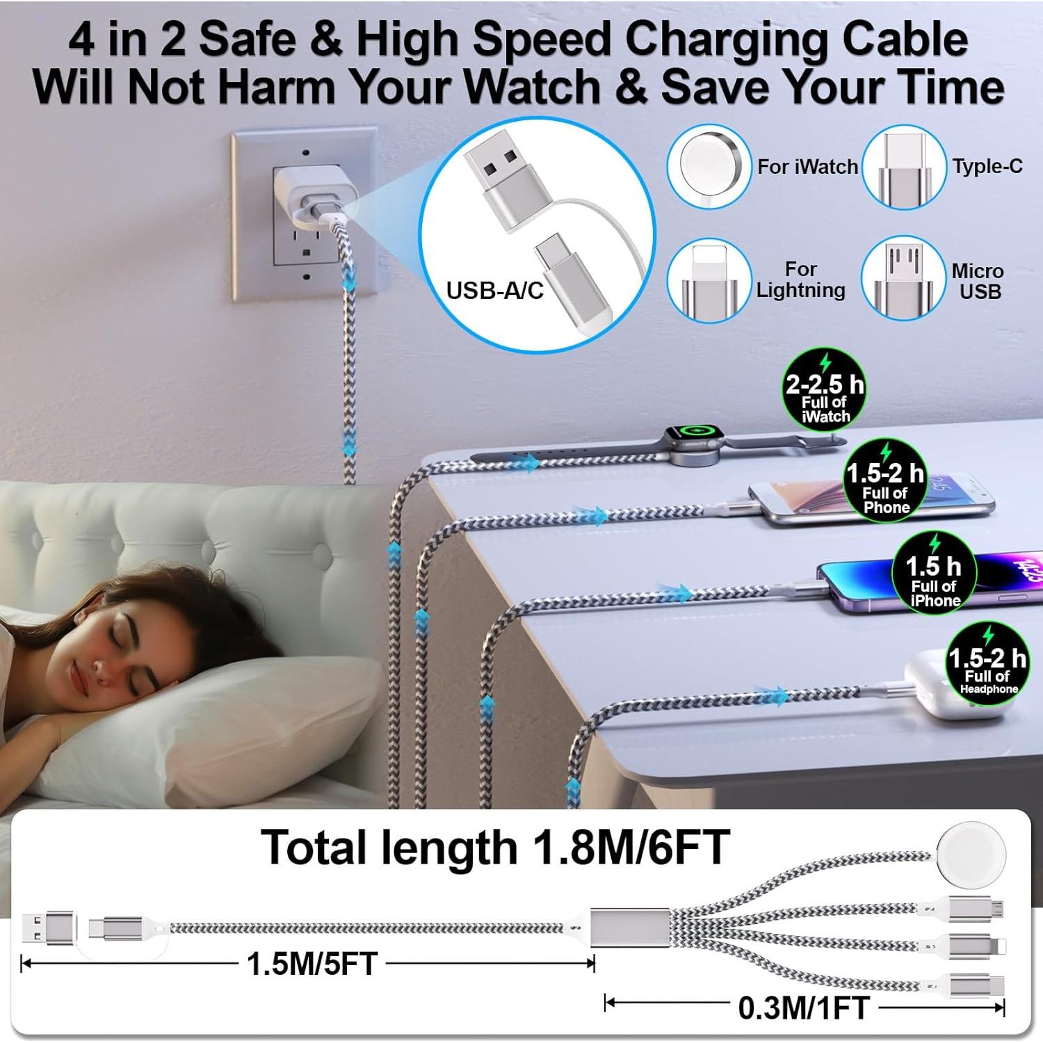 Cargador Rápido 4 en 2 Homailida 1.8m para iWatch y iPhone