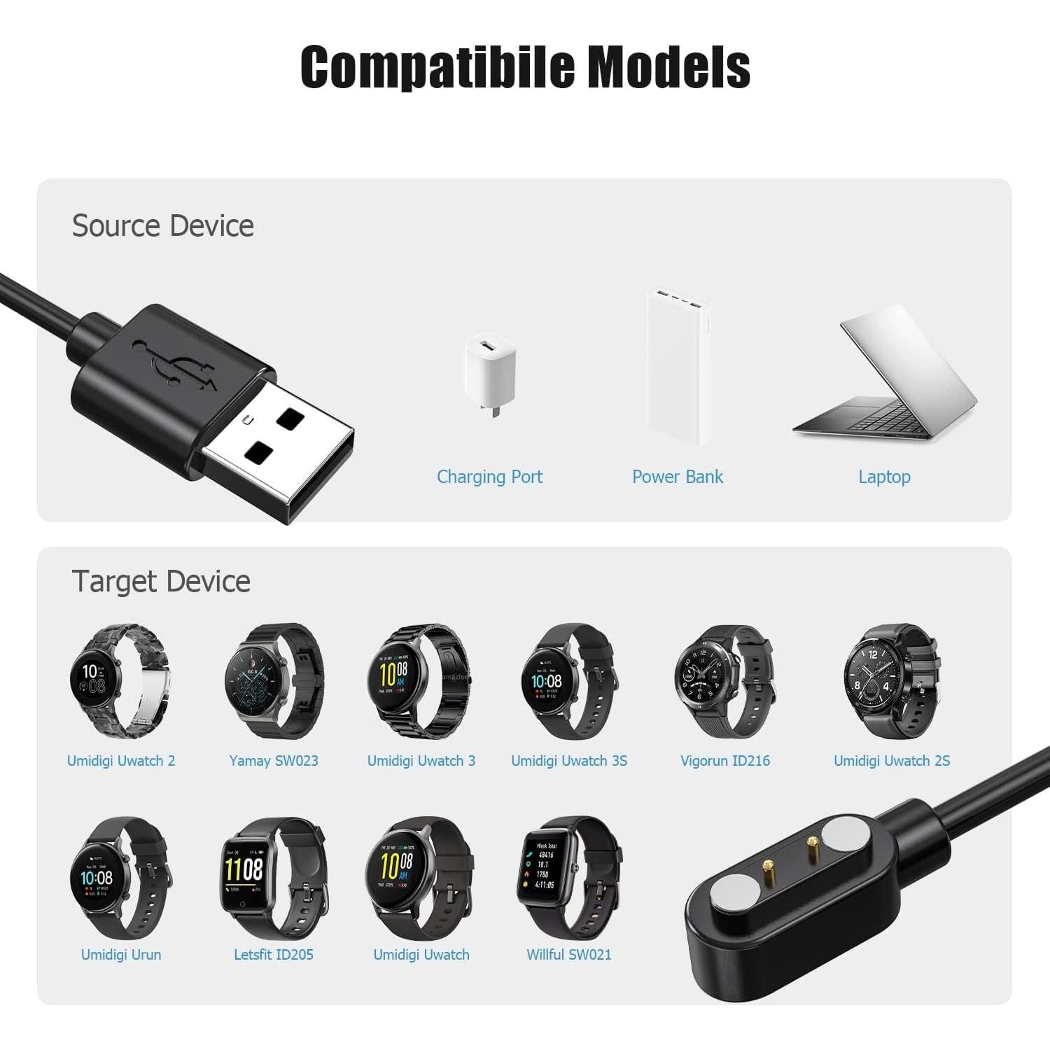 Cargador Magnético USB 2-Pack 1m para Reloj Letsfit YAMAY