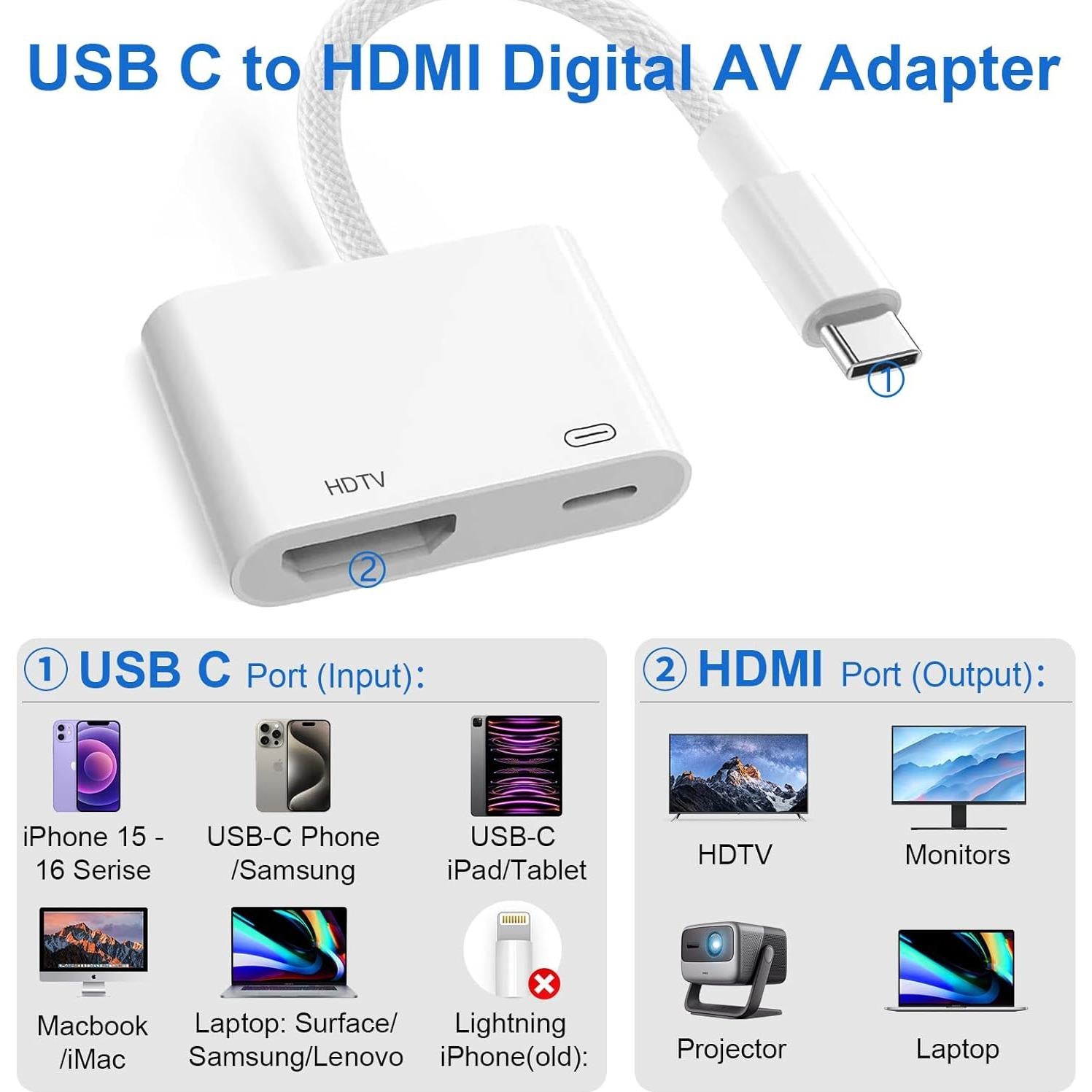 Adaptador USB C a HDMI Denlane 4K 60Hz con carga 100W