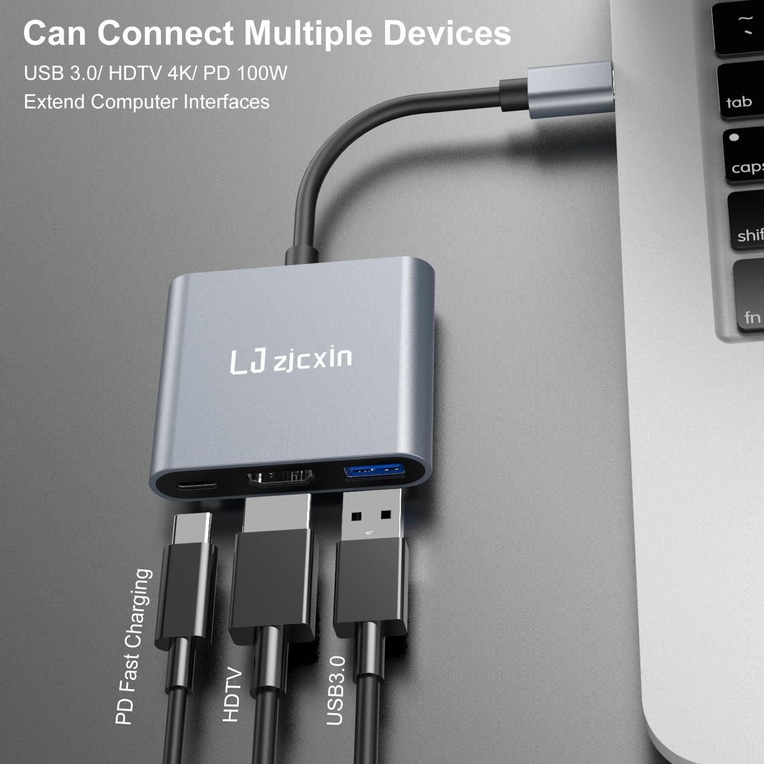 Adaptador USB C a HDMI 4K LJ zjcxin con 100W PD y USB 3.0