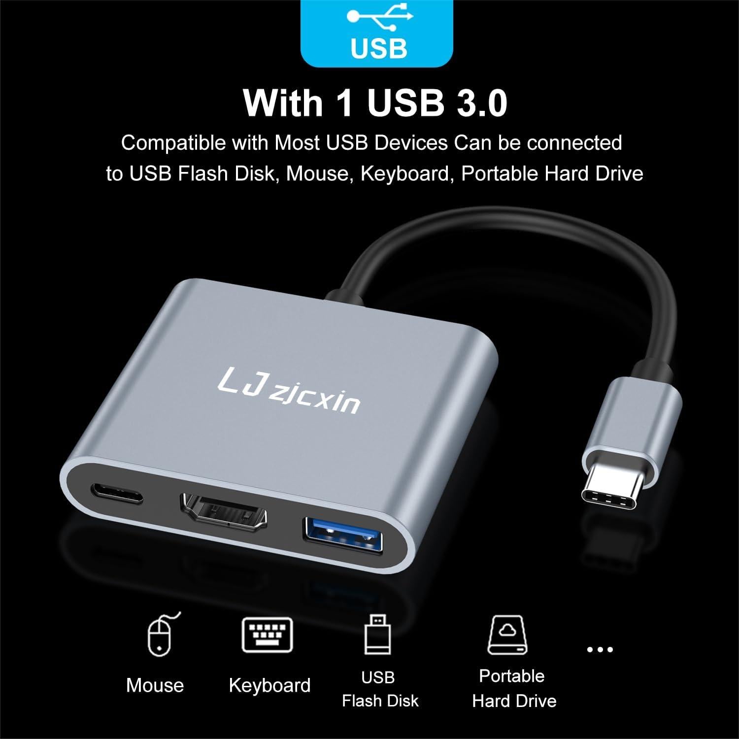 Adaptador USB C a HDMI 4K LJ zjcxin con 100W PD y USB 3.0