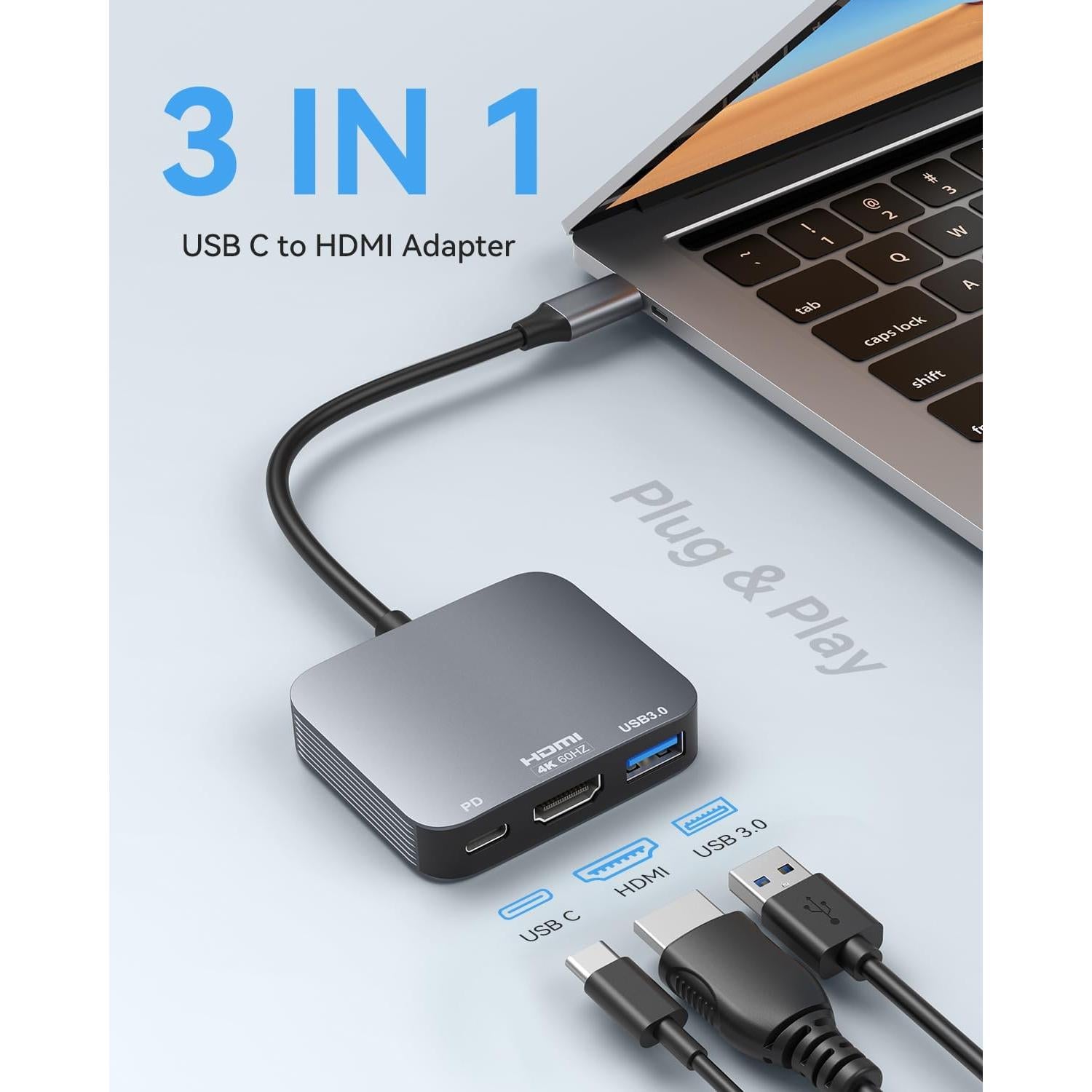 Adaptador USB C a HDMI 4K 60Hz Vilcome con USB 3.0 y PD 100W