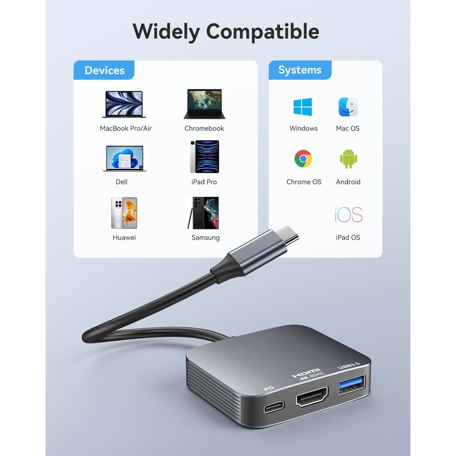 Adaptador USB C a HDMI 4K 60Hz Vilcome con USB 3.0 y PD 100W
