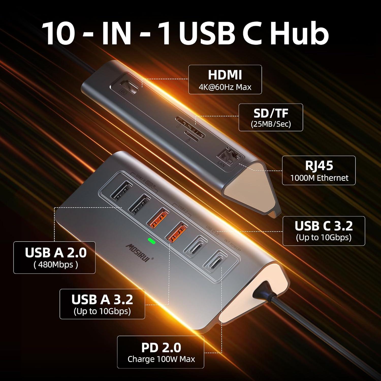 Hub USB C 10 en 1 Mosirui P9R PRO HDMI 4K Ethernet 1Gbps