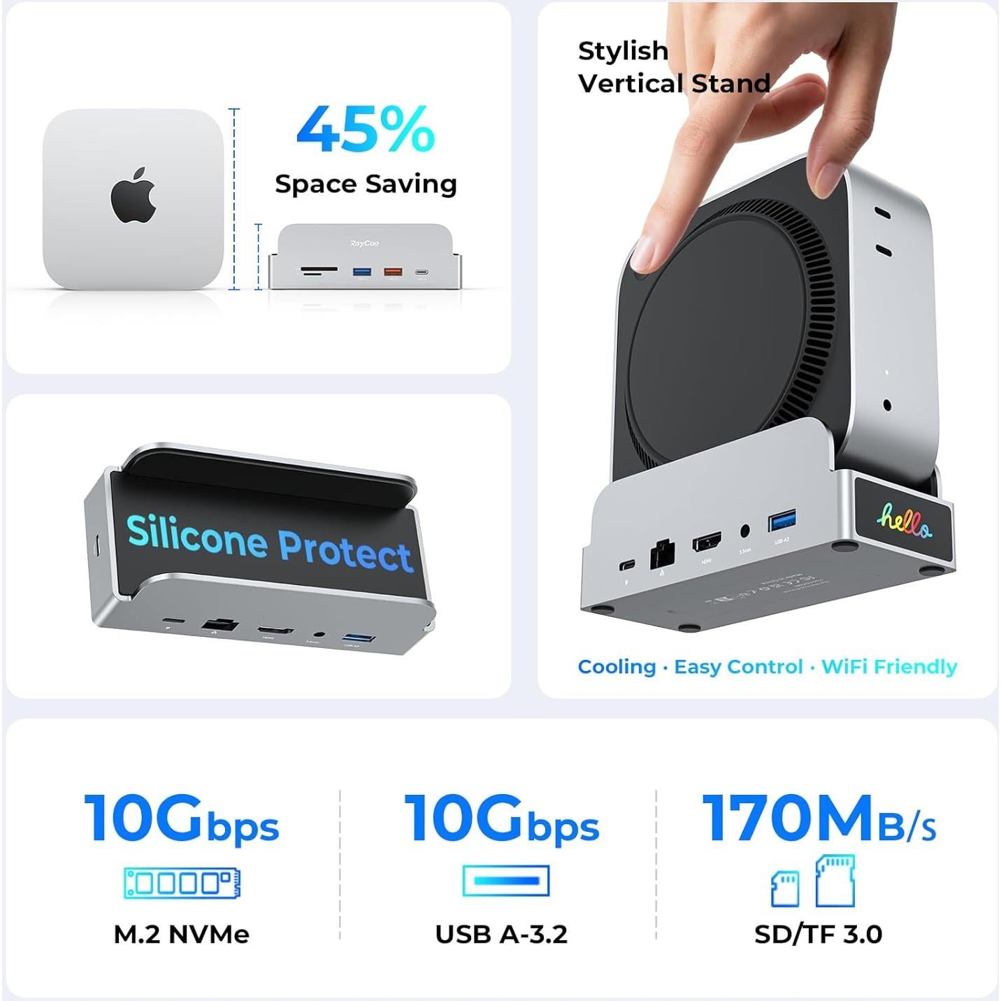 Soporte Dock Pro RayCue para Mac mini M4 - Hub 11 en 1 4K