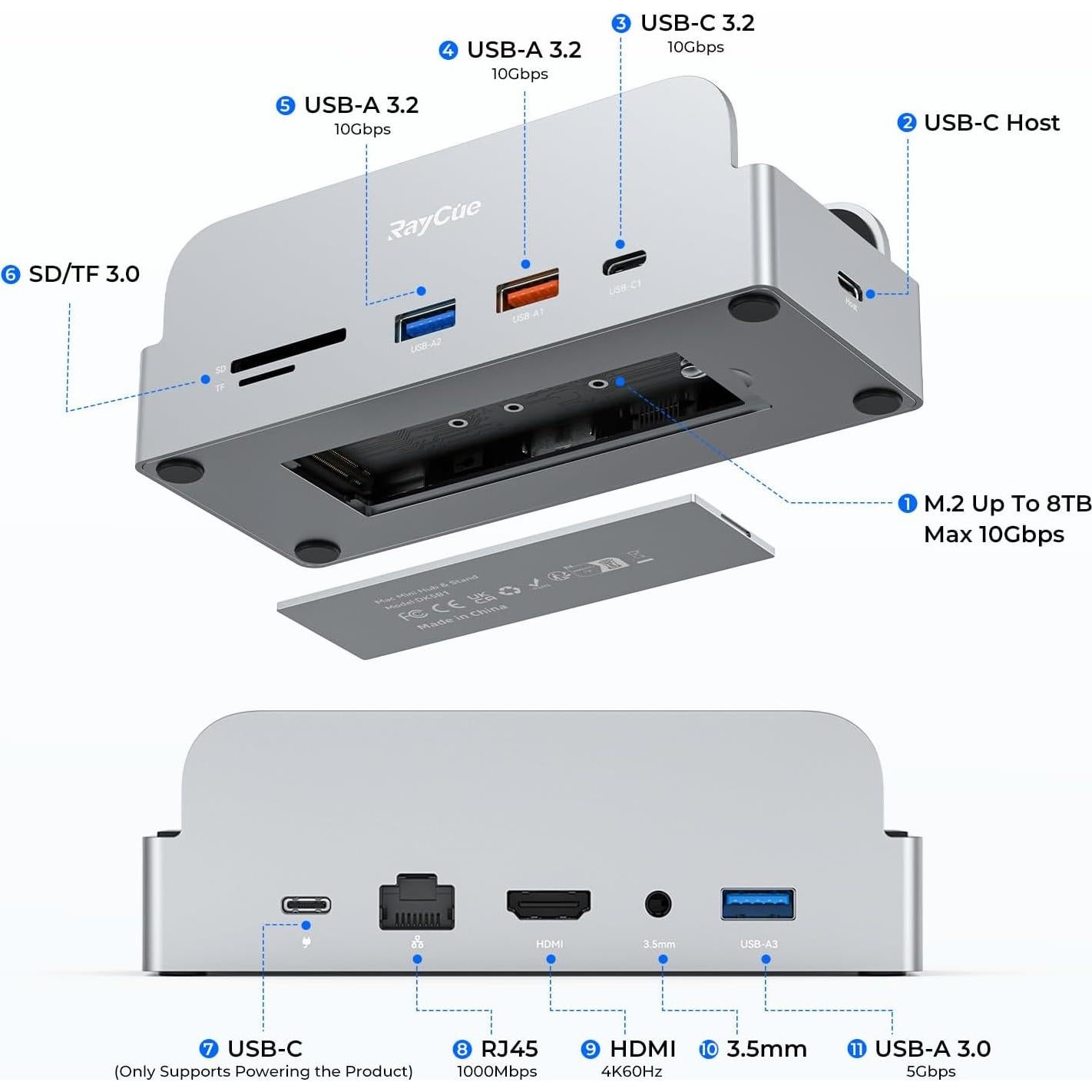 Soporte Dock Pro RayCue para Mac mini M4 - Hub 11 en 1 4K