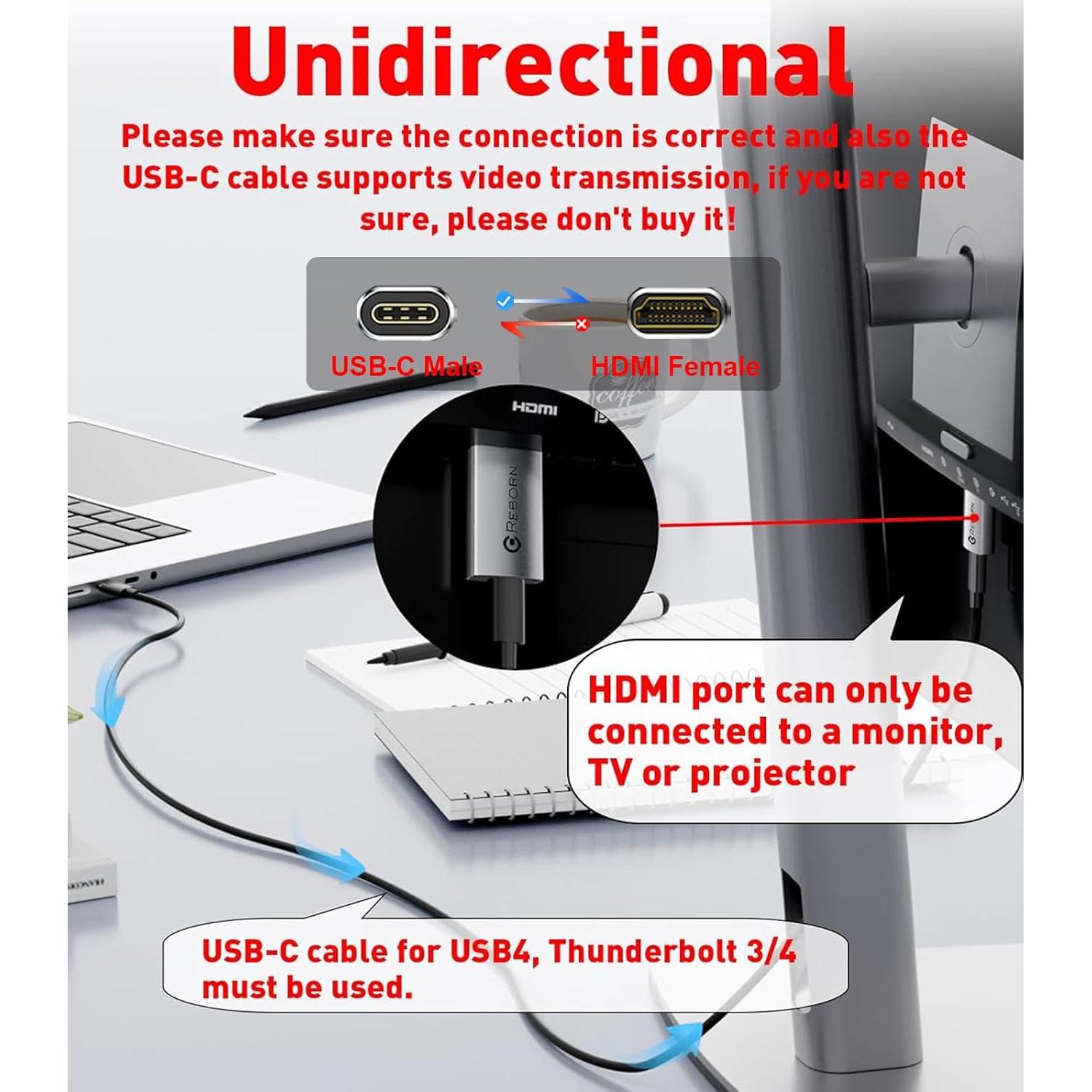 Adaptador USB C hembra a HDMI macho Reborn 4K 30Hz