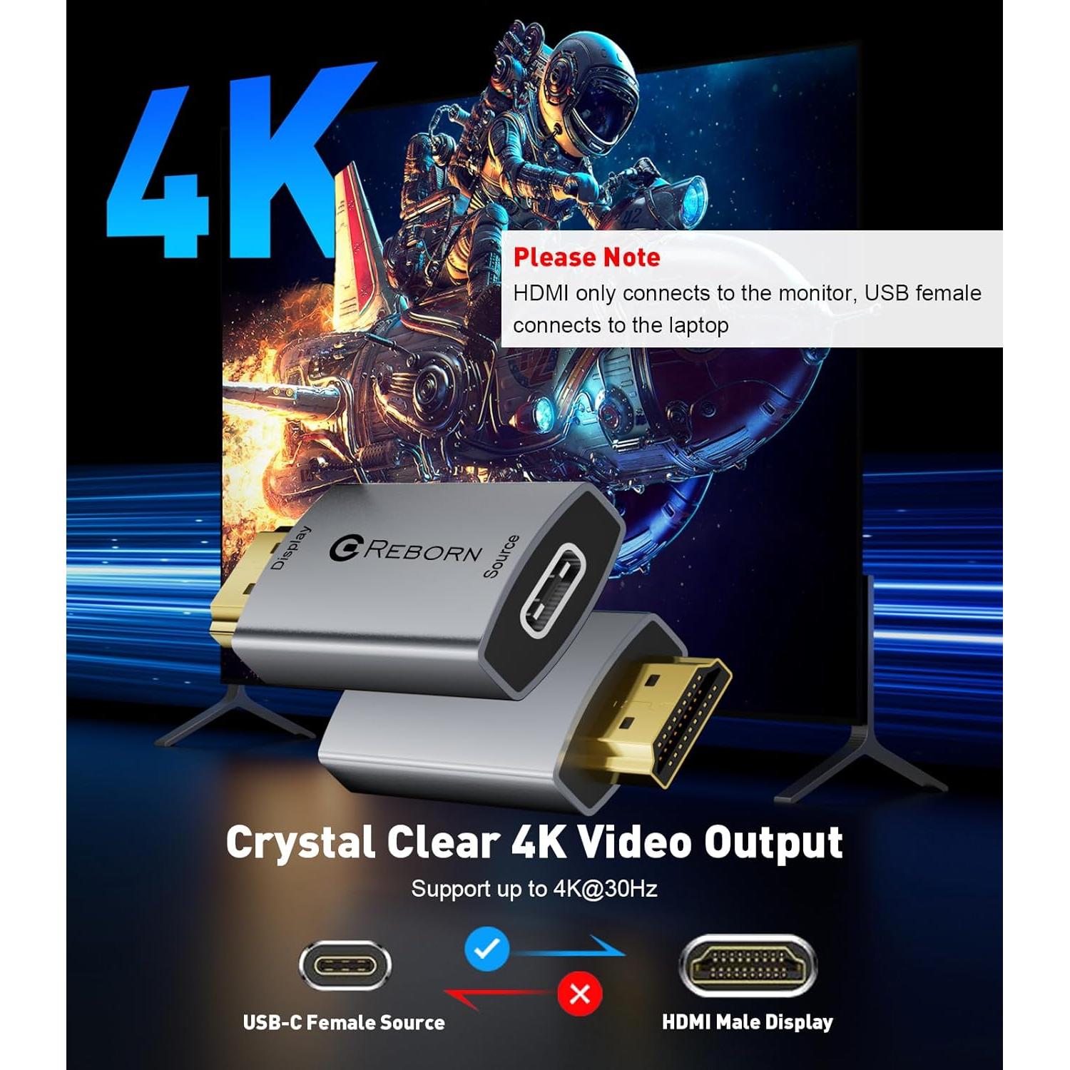 Adaptador USB C hembra a HDMI macho Reborn 4K 30Hz