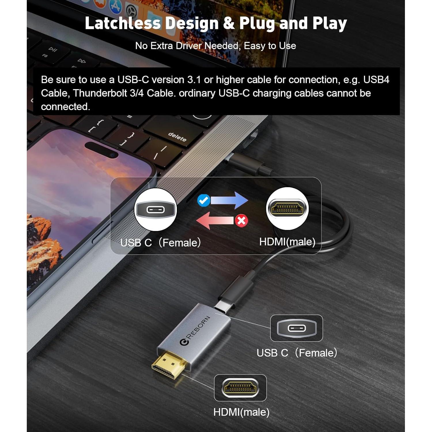 Adaptador USB C hembra a HDMI macho Reborn 4K 30Hz