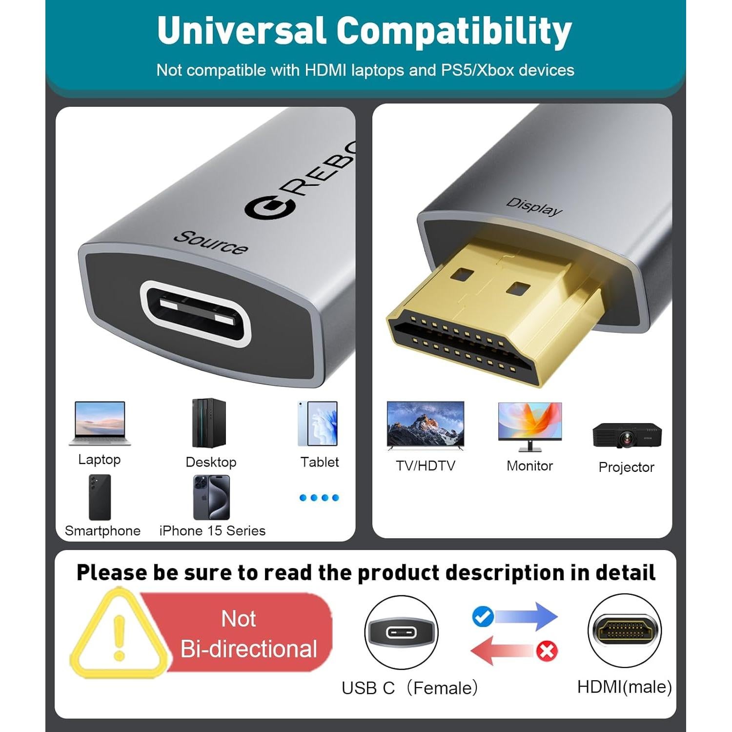 Adaptador USB C hembra a HDMI macho Reborn 4K 30Hz