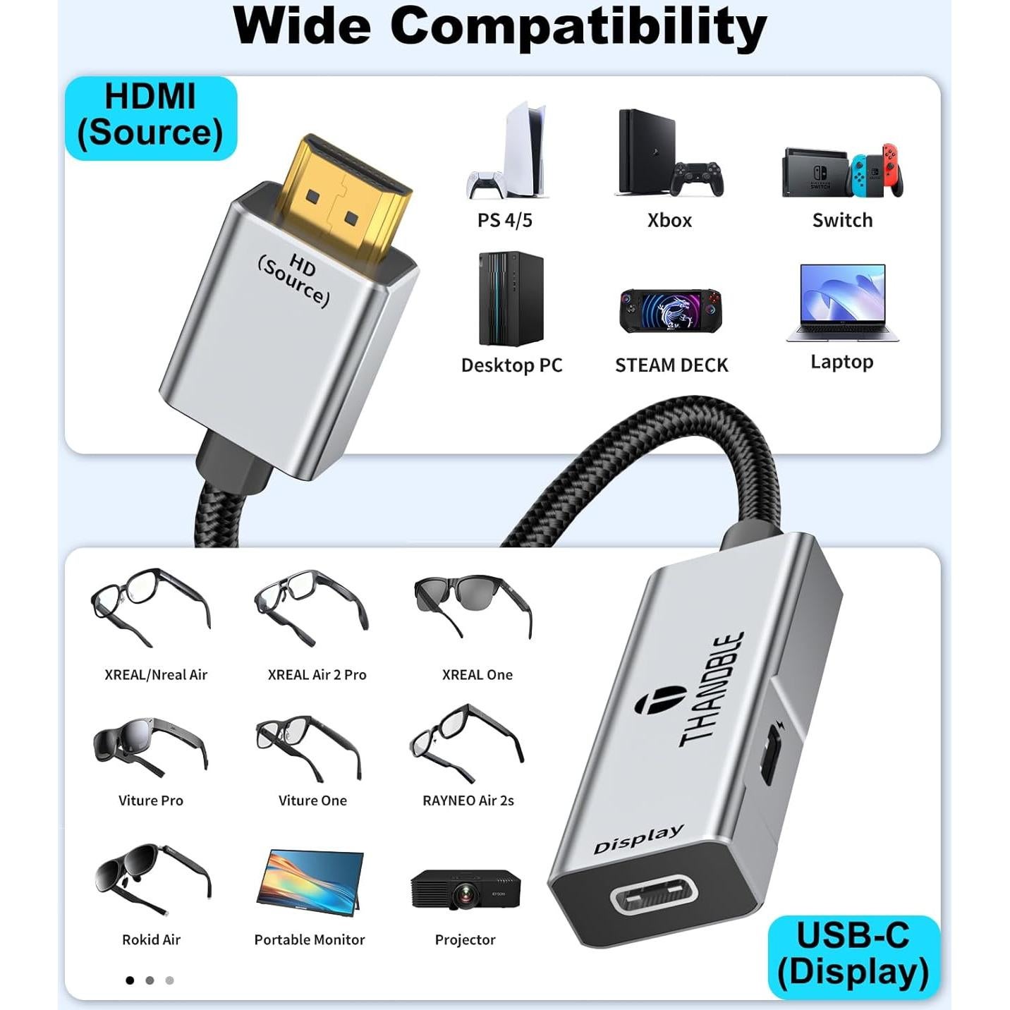 Adaptador HDMI a USB-C 4K 60Hz THANDBLE para Gafas AR