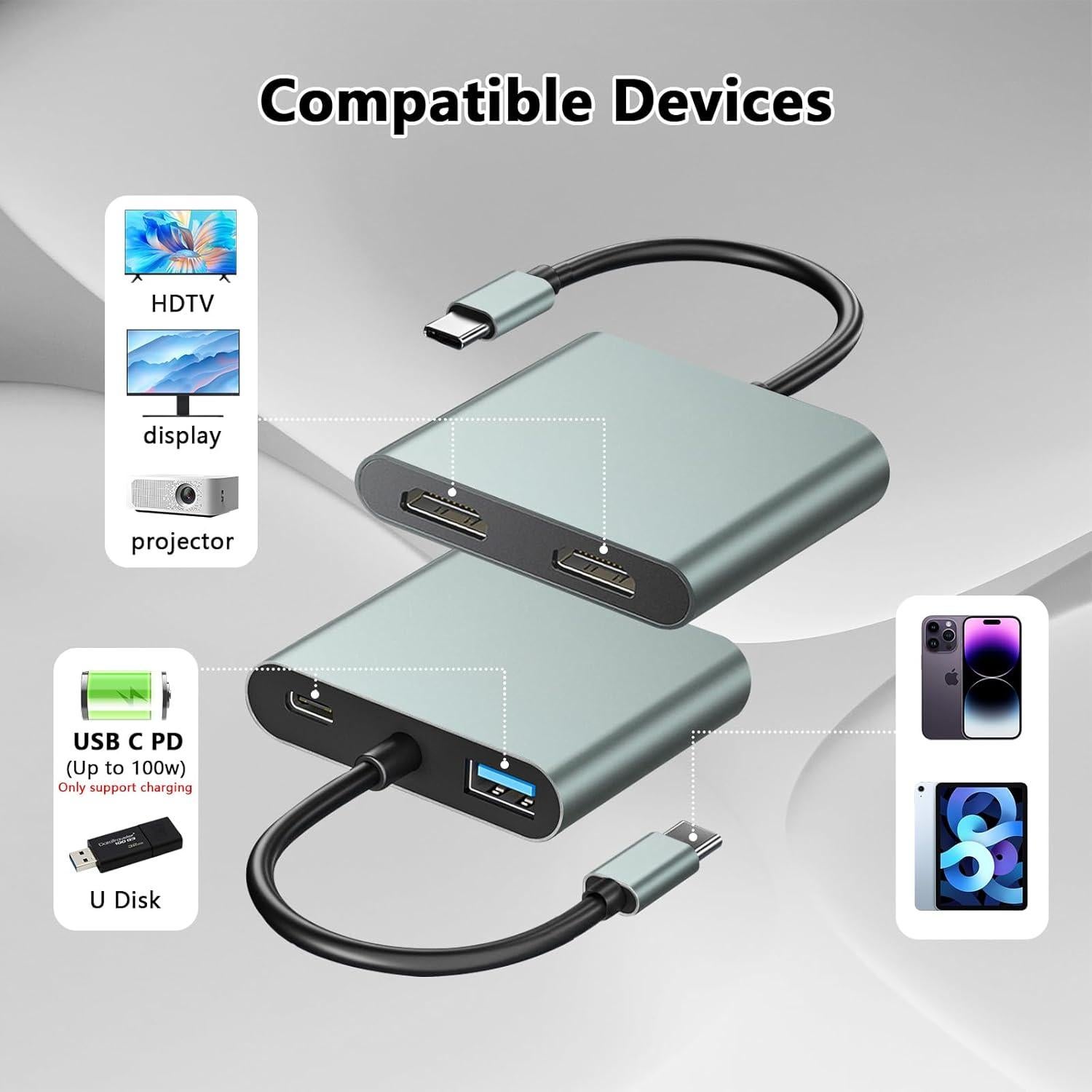 Adaptador USB C a Doble HDMI 4K 30Hz LBSC - Carga PD 100W