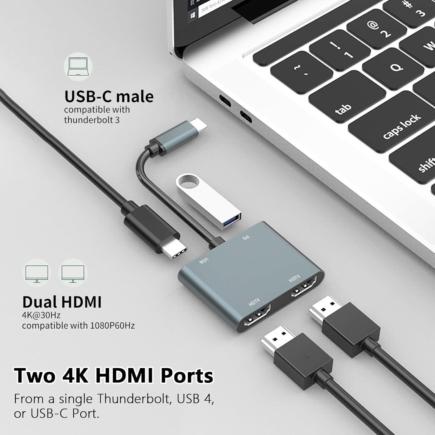 Adaptador USB C a Doble HDMI 4K 30Hz LBSC - Carga PD 100W