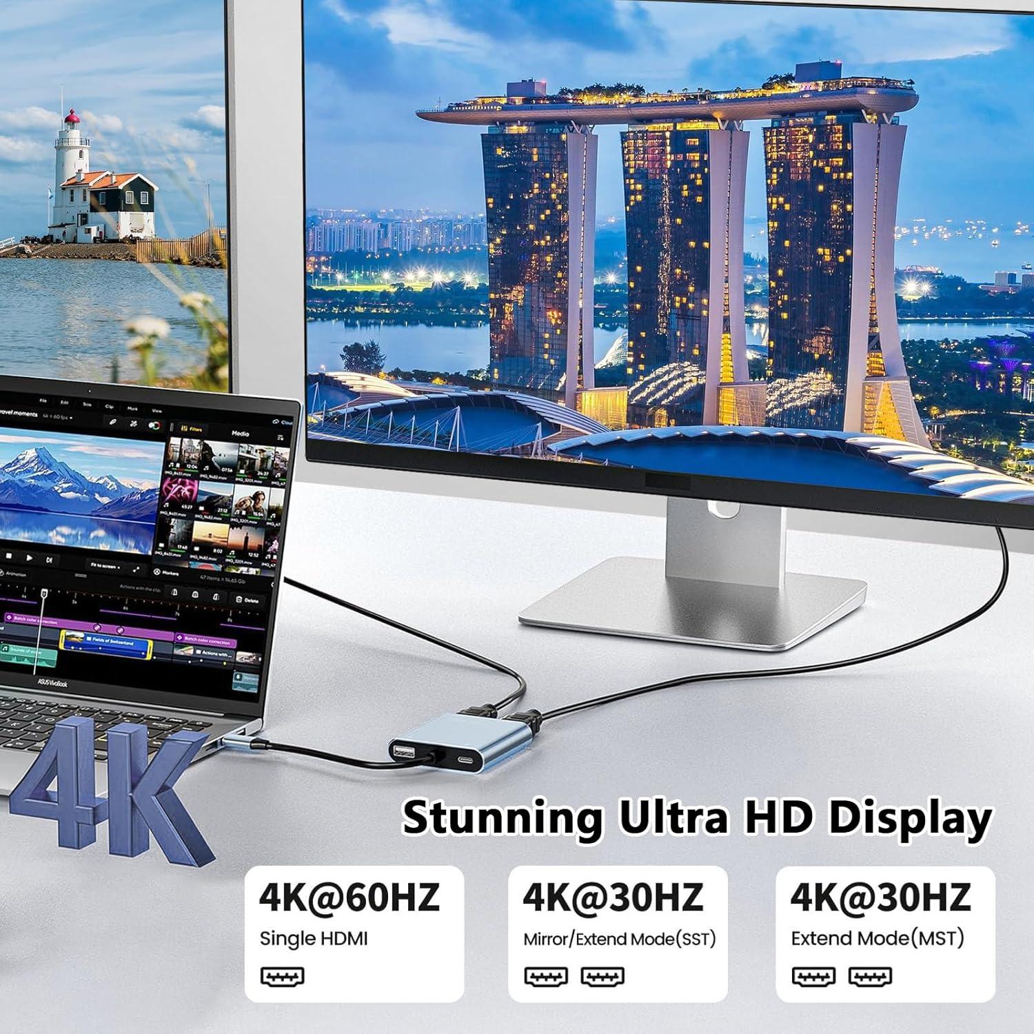 Adaptador USB C a Doble HDMI 4K 30Hz LBSC - Carga PD 100W