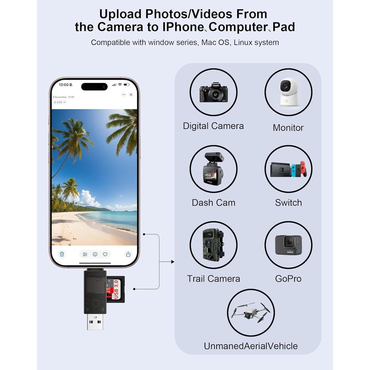 Sd Card Reader 2-in-1 for iPhone 17 Pro Max/Air 16e 16 15 Pro, USB C Dual Slot Memory Card Reader for Samsung S25 Ultra A17 A16 A15, Digital Camera SD Card Viewer for GoPro, SDXC, SDHC, Micro SDXC