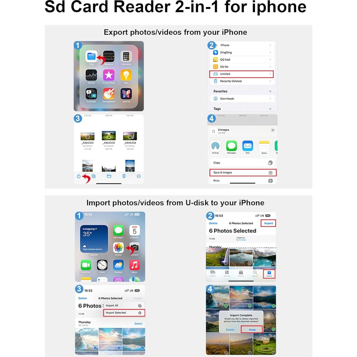 Sd Card Reader 2-in-1 for iPhone 17 Pro Max/Air 16e 16 15 Pro, USB C Dual Slot Memory Card Reader for Samsung S25 Ultra A17 A16 A15, Digital Camera SD Card Viewer for GoPro, SDXC, SDHC, Micro SDXC