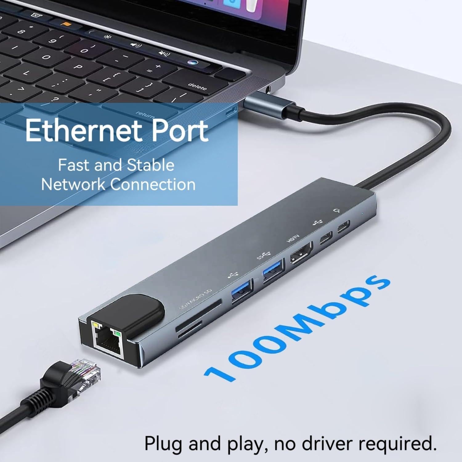 Hub USB C 8 en 1 Luonanava con 4K HDMI y Carga 100W
