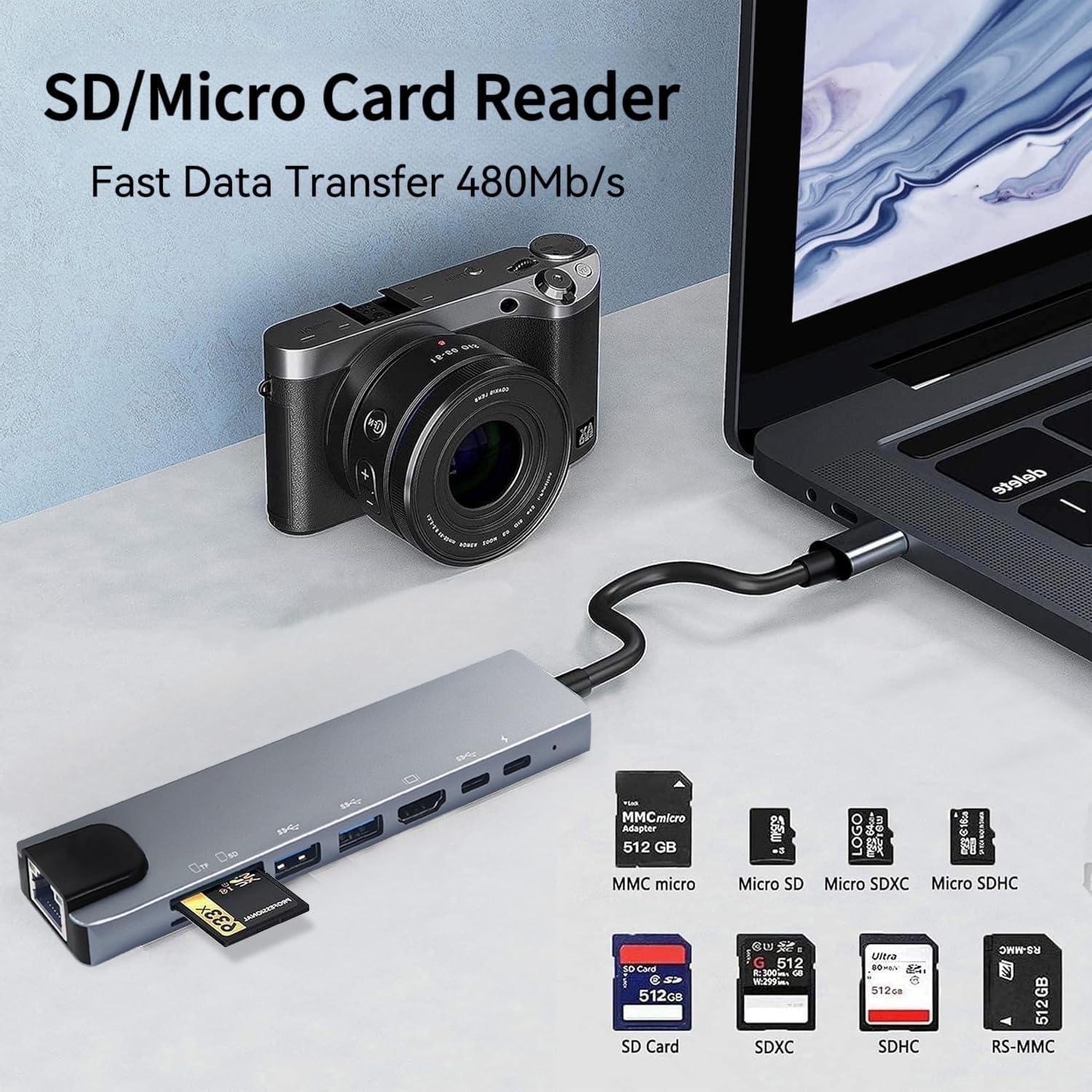 Hub USB C 8 en 1 Luonanava con 4K HDMI y Carga 100W