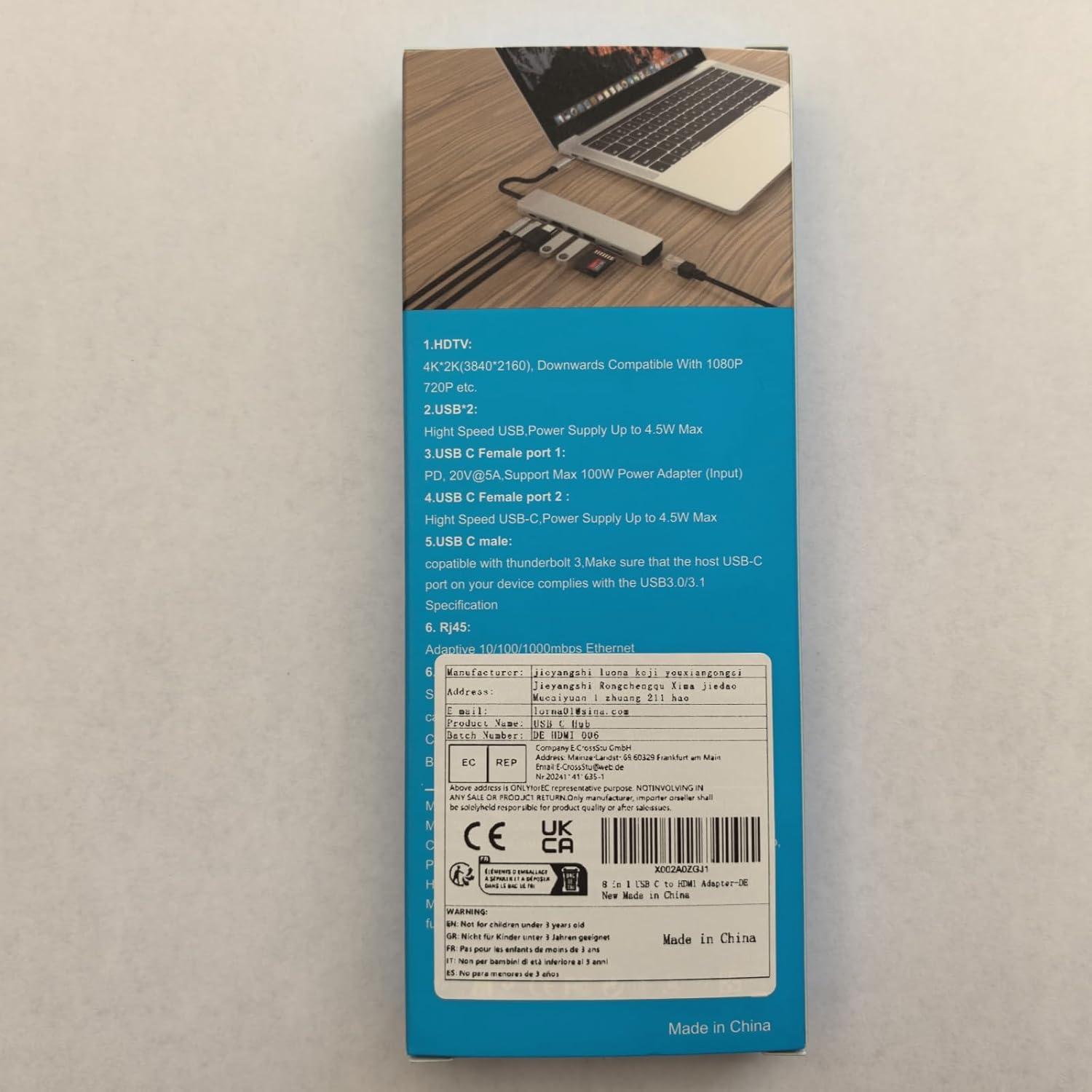 Hub USB C 8 en 1 Luonanava con 4K HDMI y Carga 100W