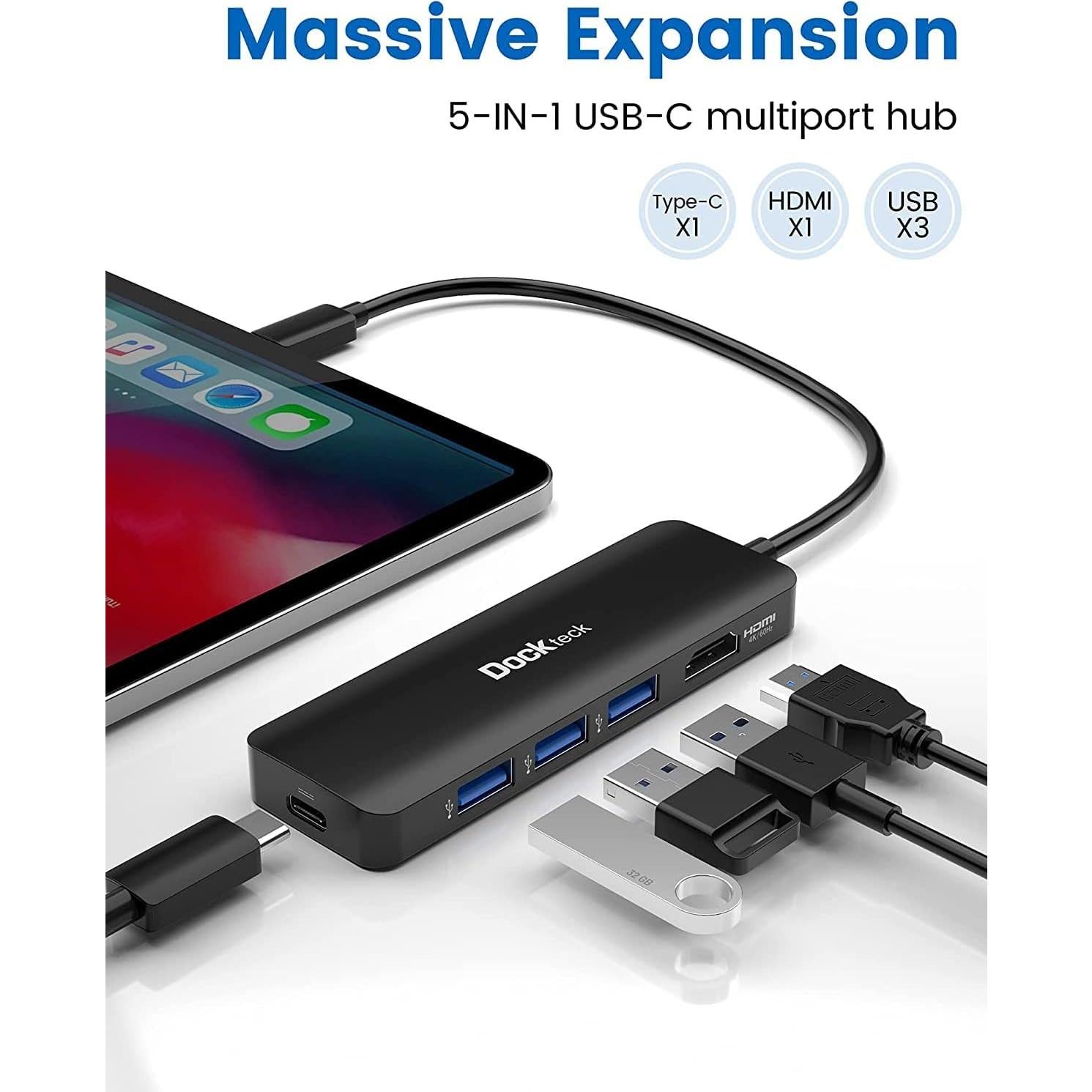 Hub USB C 5 en 1 Dockteck con HDMI 4K 60Hz y 3 USB 3.0