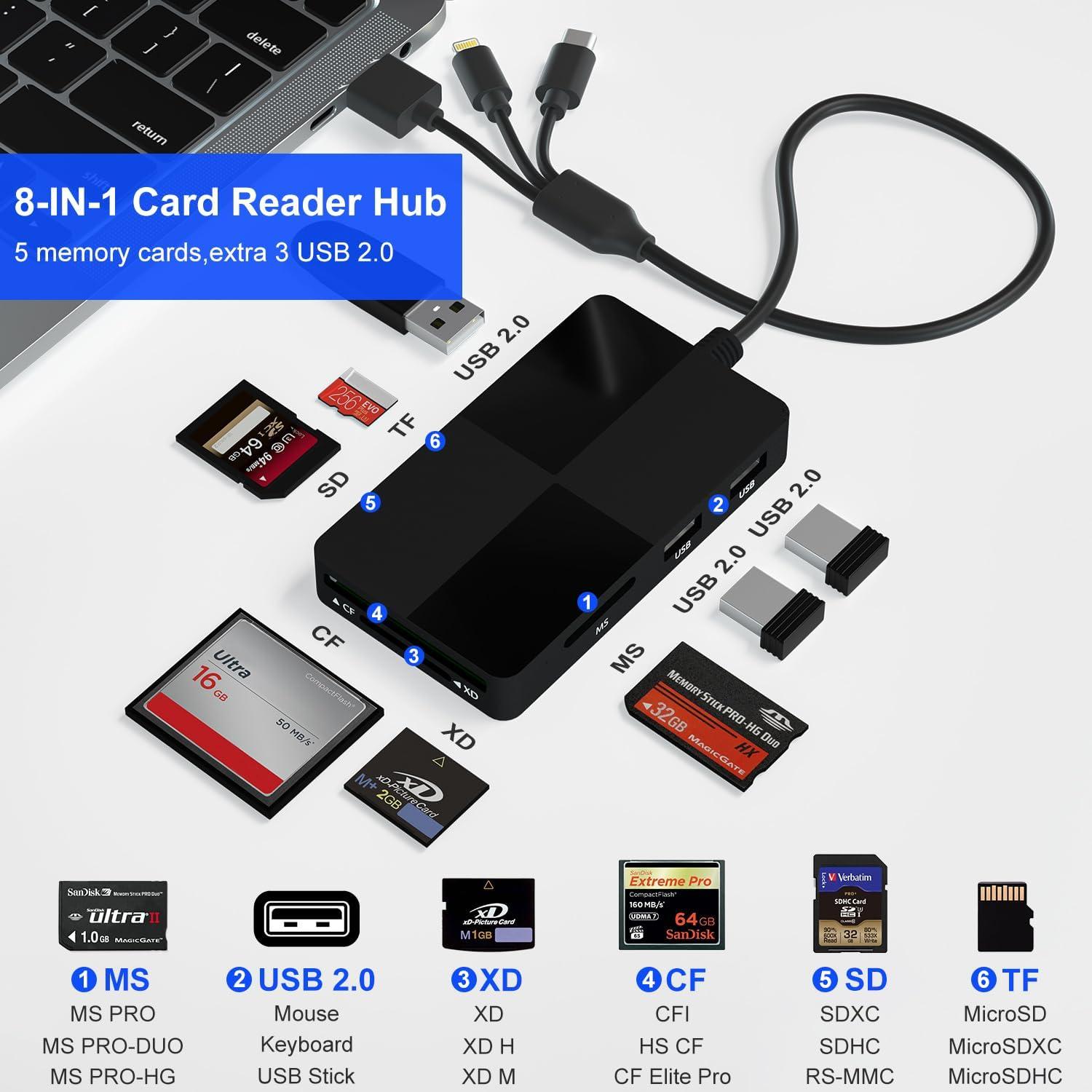 Lector de Tarjetas 8 en 1 Bawanfa Plus con USB y Lightning