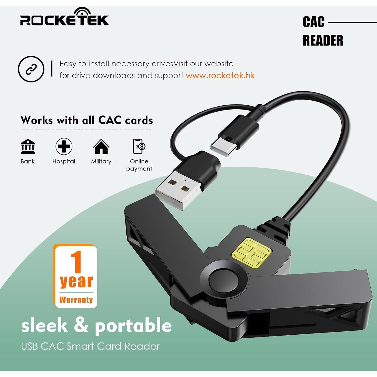 Lector CAC 2 en 1 Rocketek Tipo C USB Plegable Negro