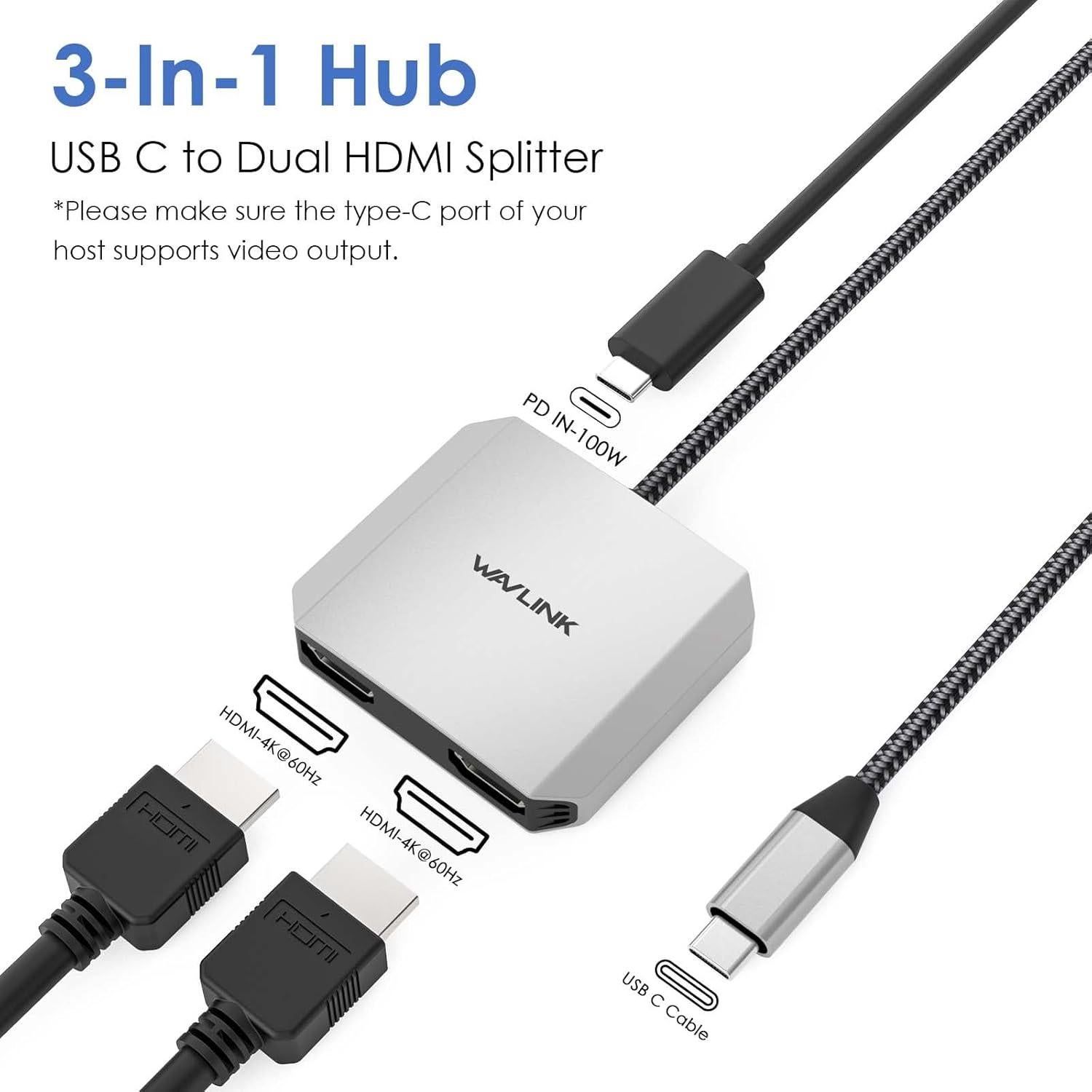 Adaptador USB C a Doble HDMI WAVLINK 4K 87W PD para Portátiles