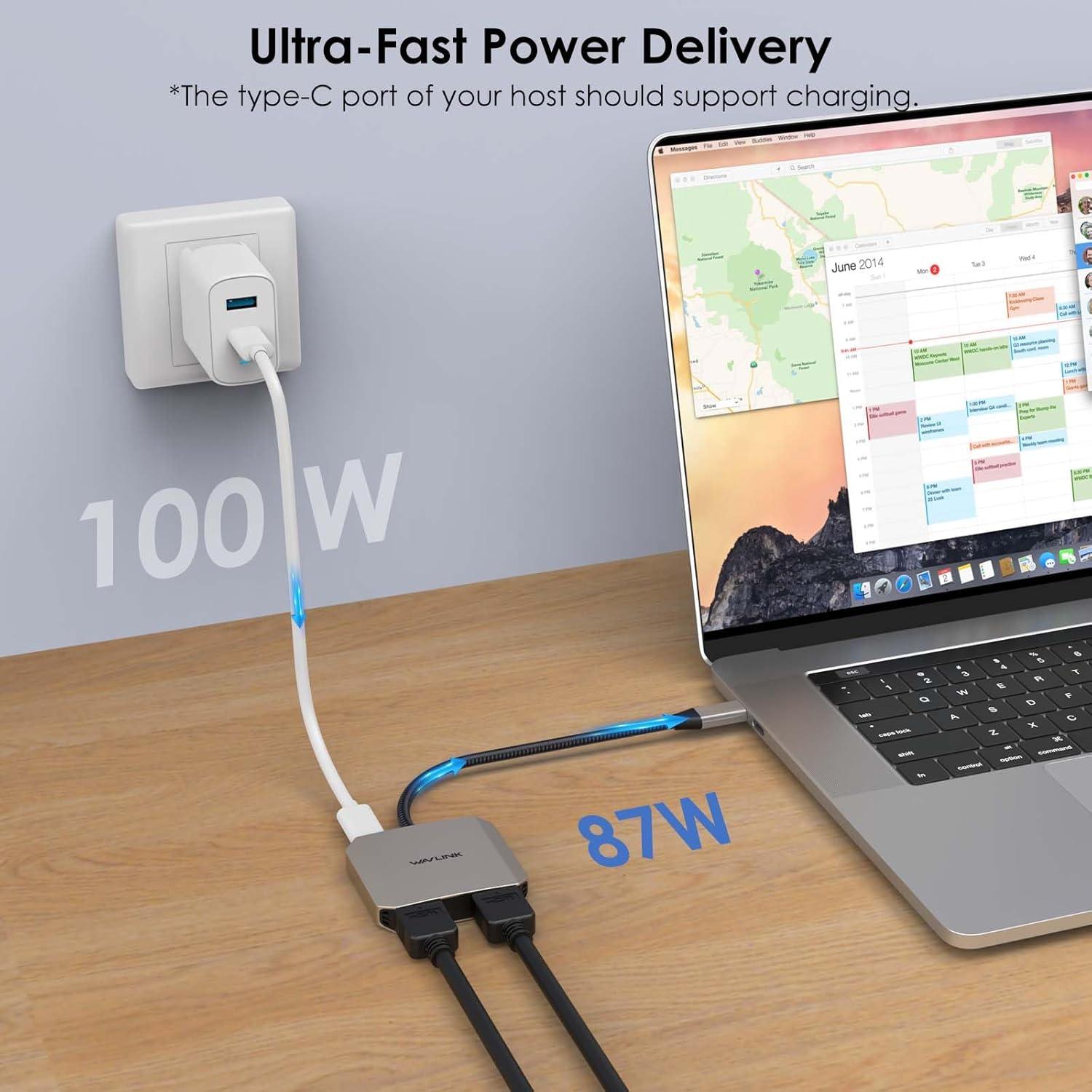 Adaptador USB C a Doble HDMI WAVLINK 4K 87W PD para Portátiles