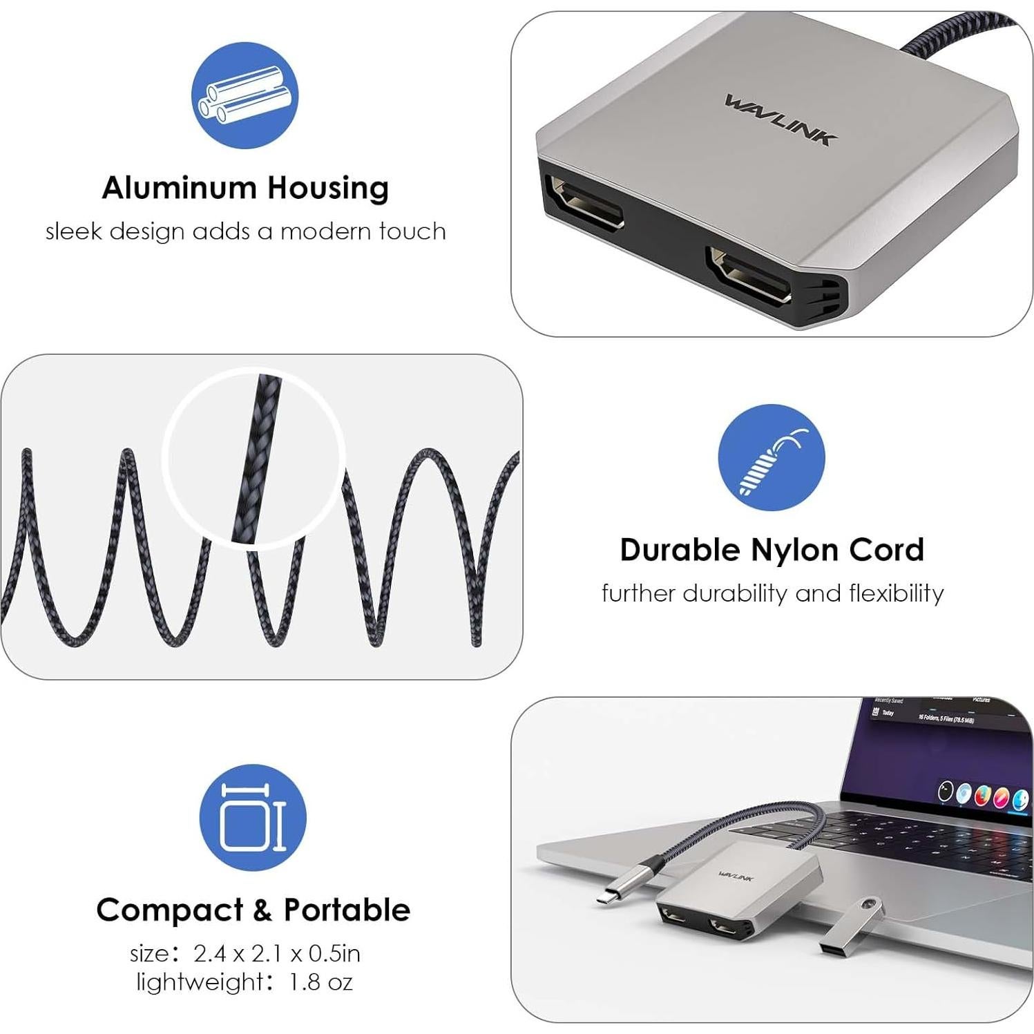 Adaptador USB C a Doble HDMI WAVLINK 4K 87W PD para Portátiles