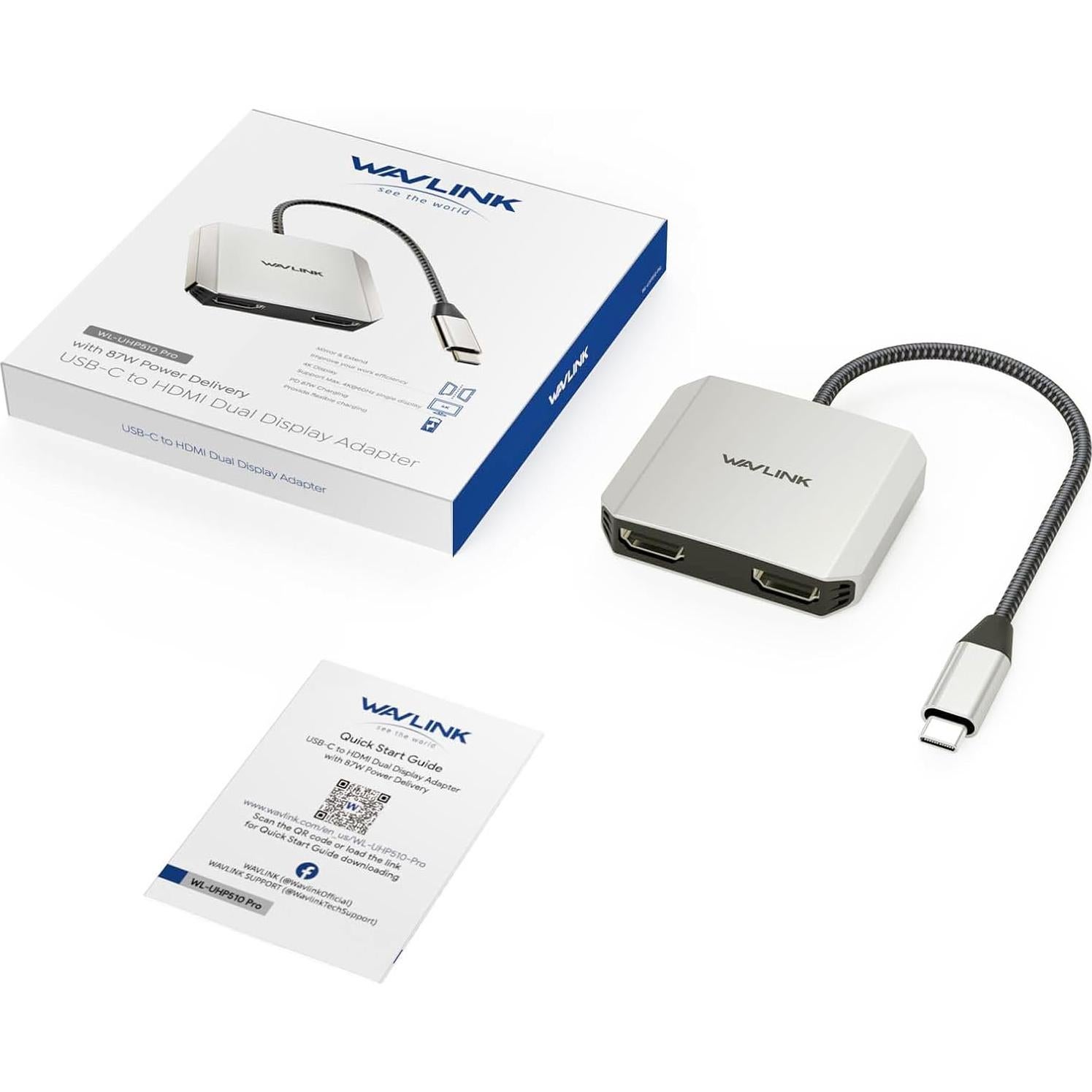 Adaptador USB C a Doble HDMI WAVLINK 4K 87W PD para Portátiles