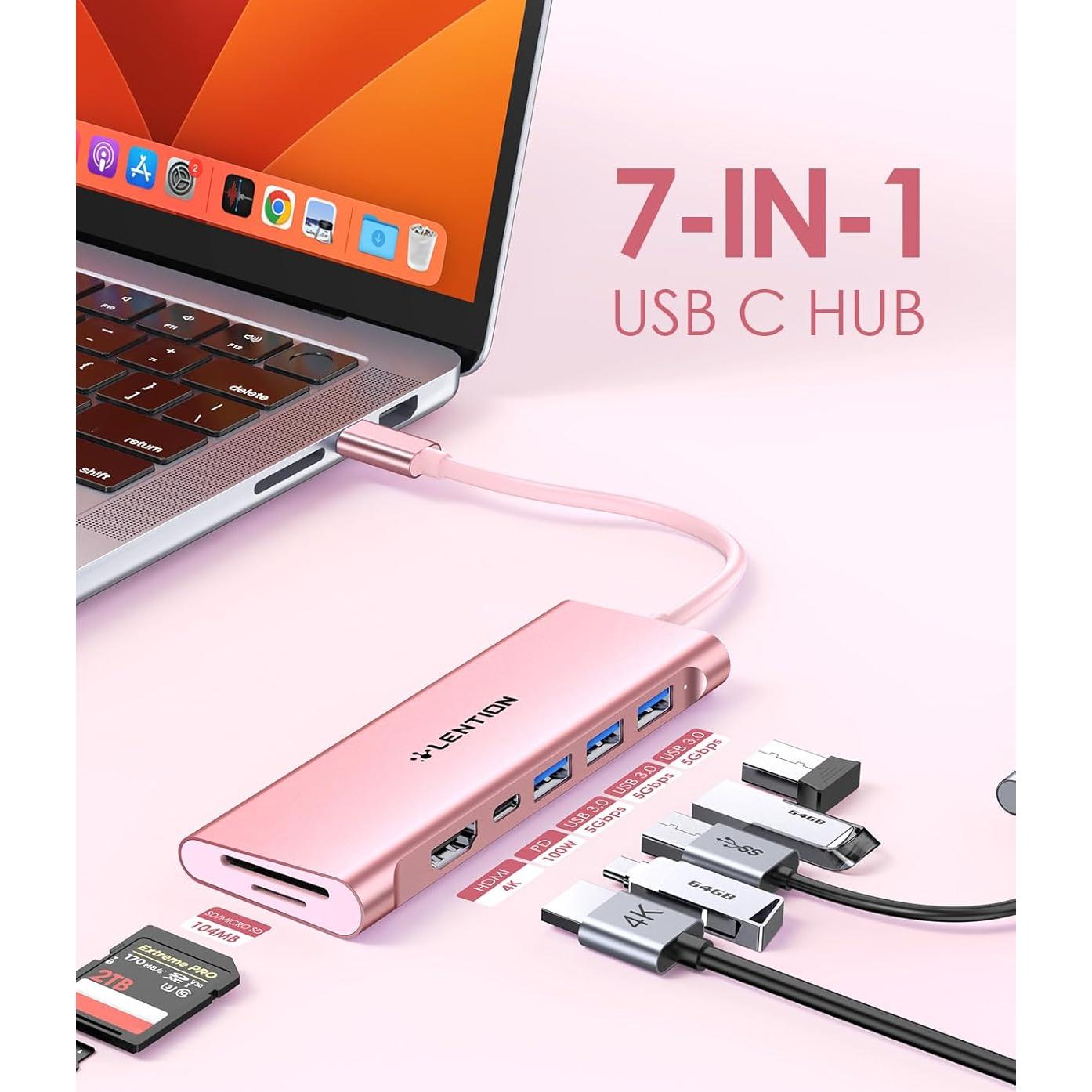 Hub USB C 7 en 1 Lention Oro Rosa con HDMI 4K y 3 USB 3.0