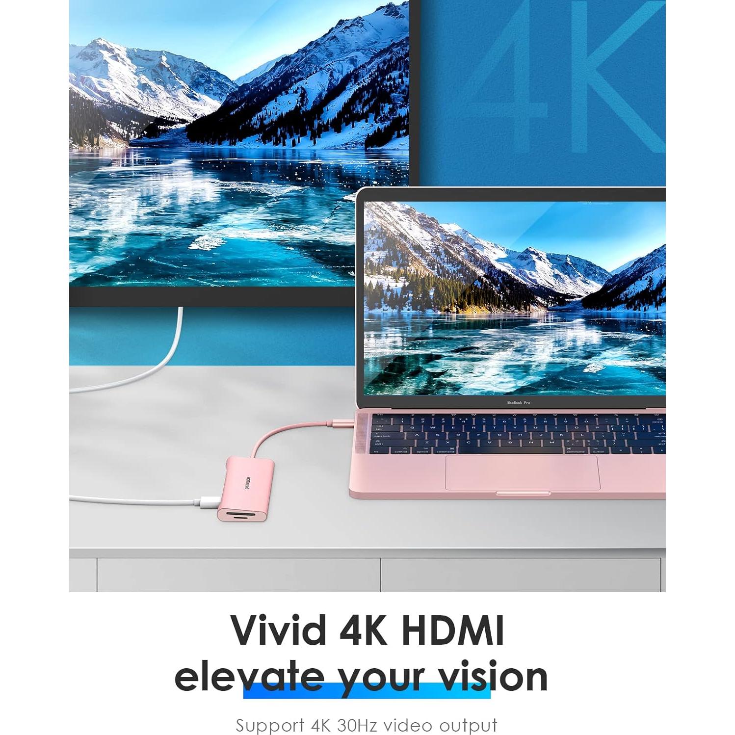 Hub USB C 7 en 1 Lention Oro Rosa con HDMI 4K y 3 USB 3.0