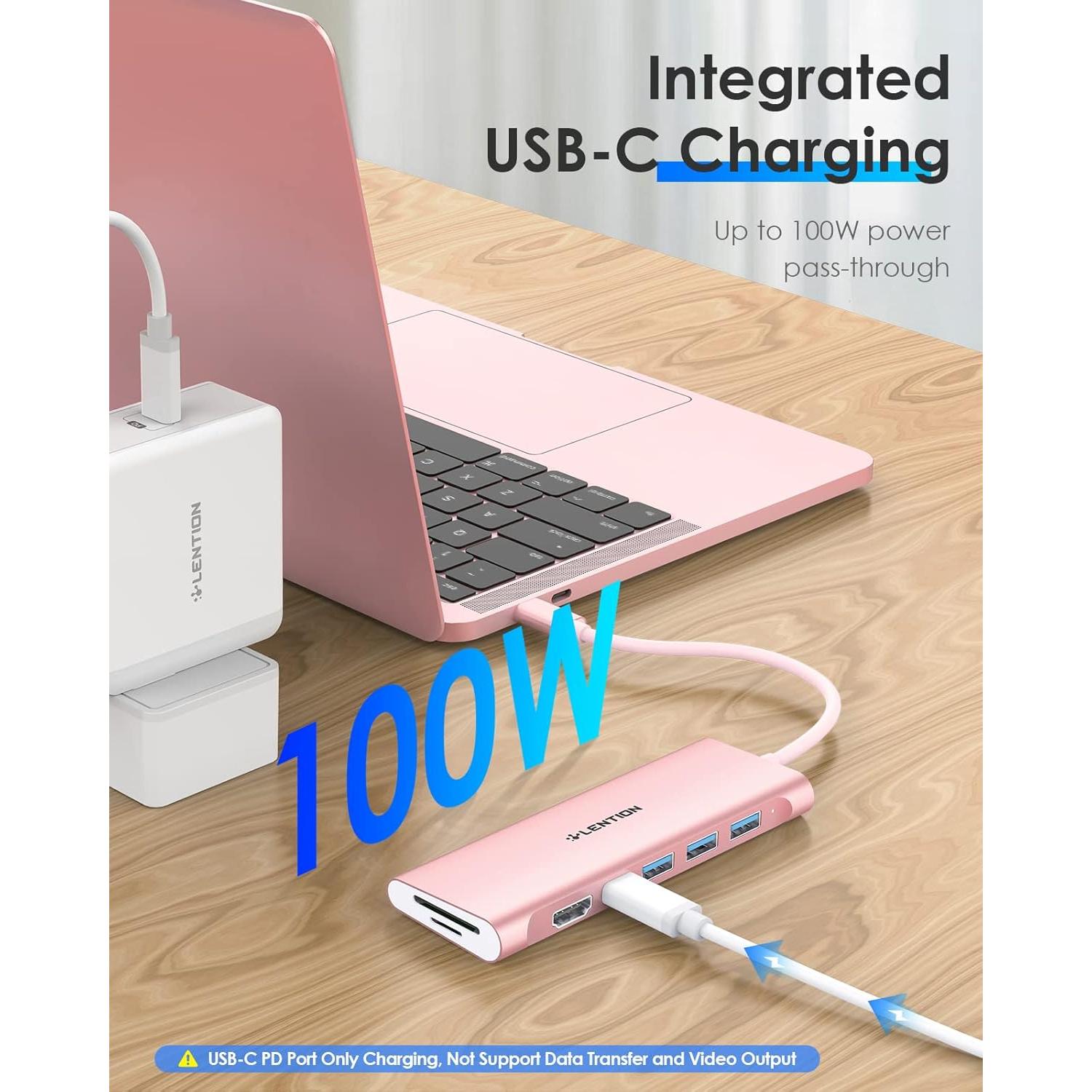 Hub USB C 7 en 1 Lention Oro Rosa con HDMI 4K y 3 USB 3.0