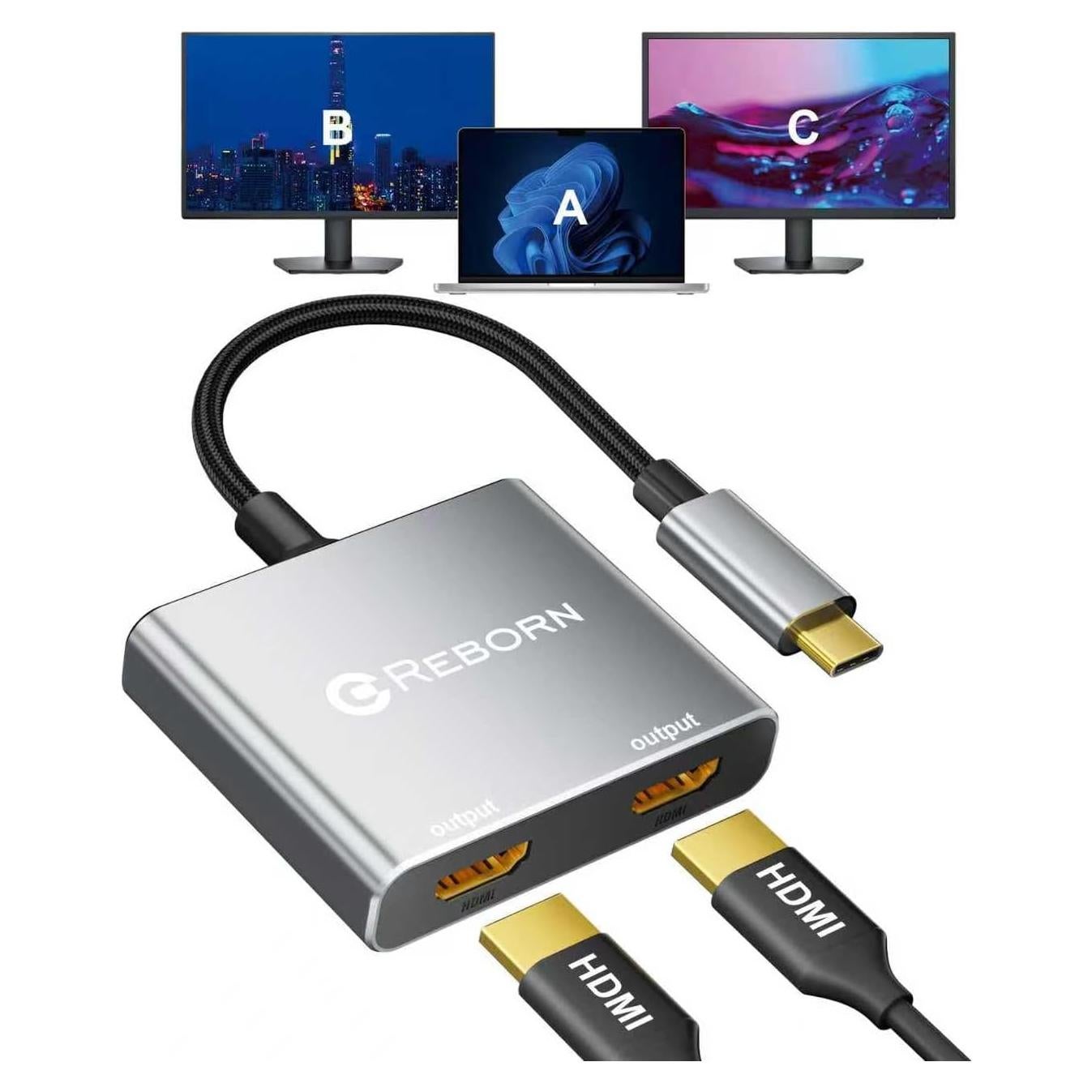 Adaptador USB C a Doble HDMI Reborn 4K 60Hz Pantallas Dobles