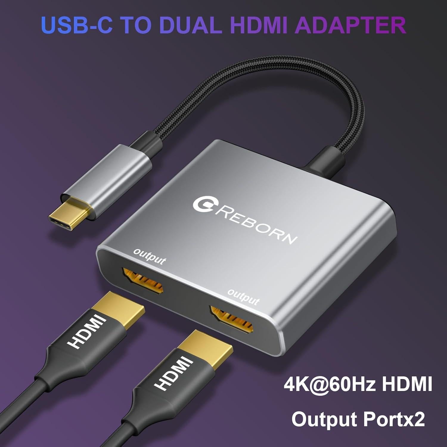 Adaptador USB C a Doble HDMI Reborn 4K 60Hz Pantallas Dobles