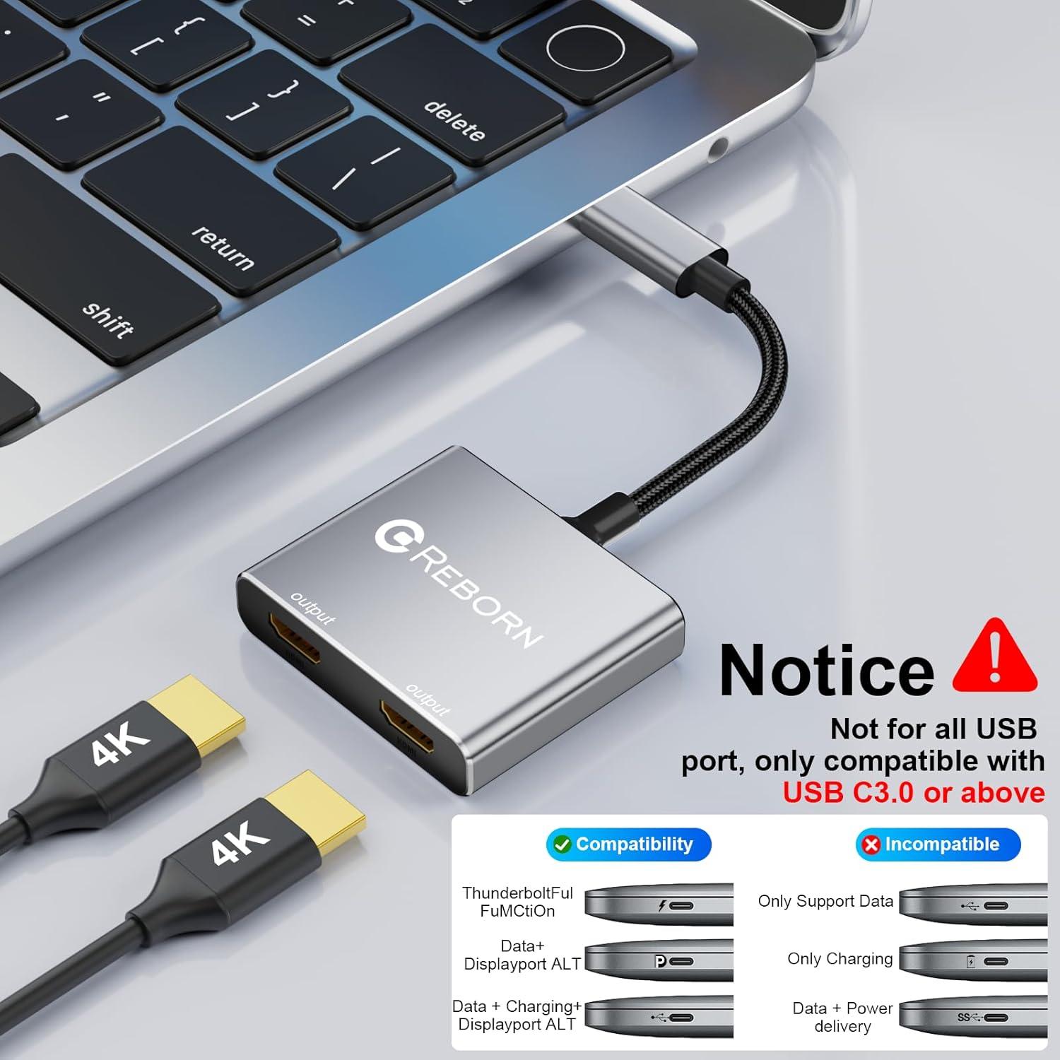 Adaptador USB C a Doble HDMI Reborn 4K 60Hz Pantallas Dobles