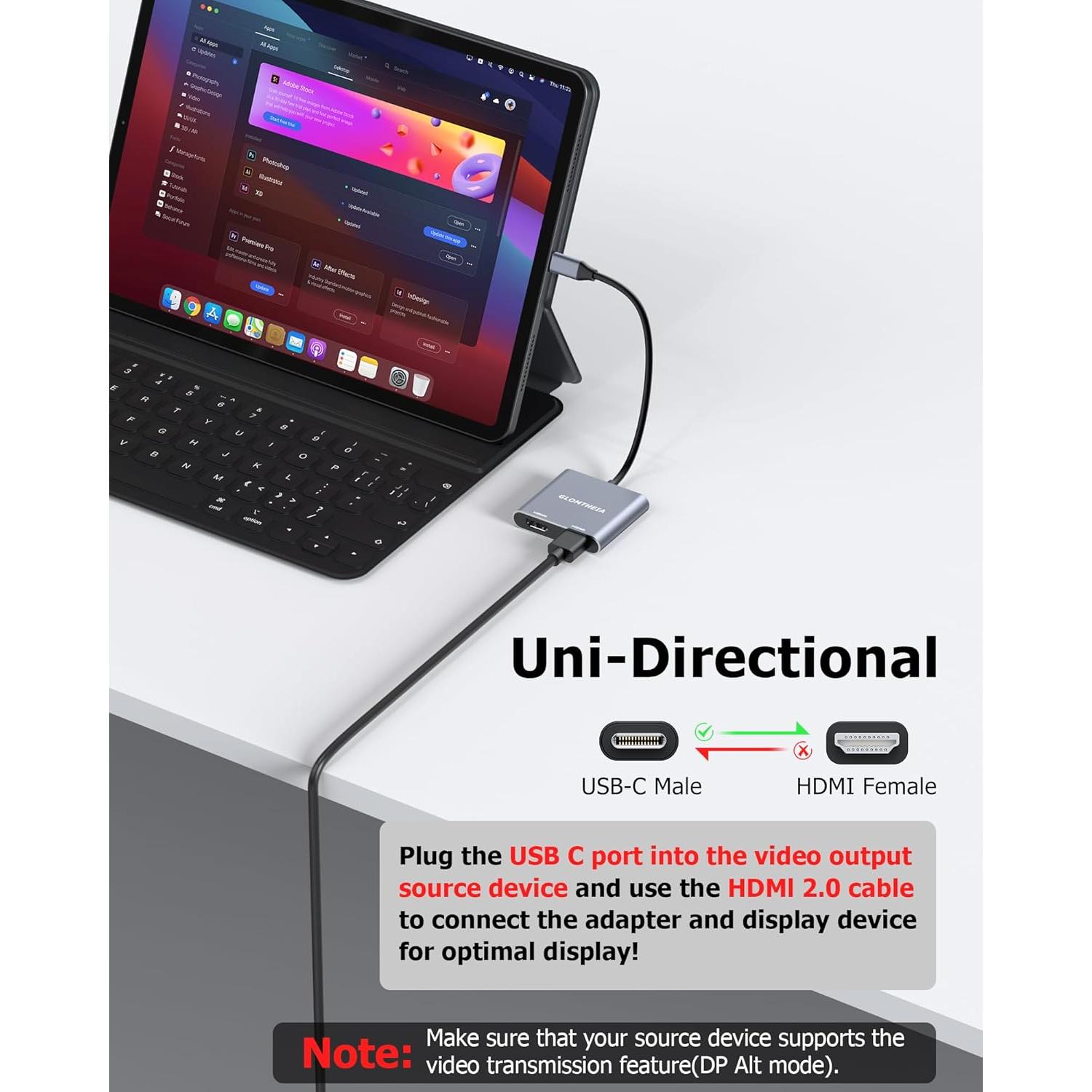 Adaptador USB C a HDMI Dual 4K Glomtheia para 2 Monitores