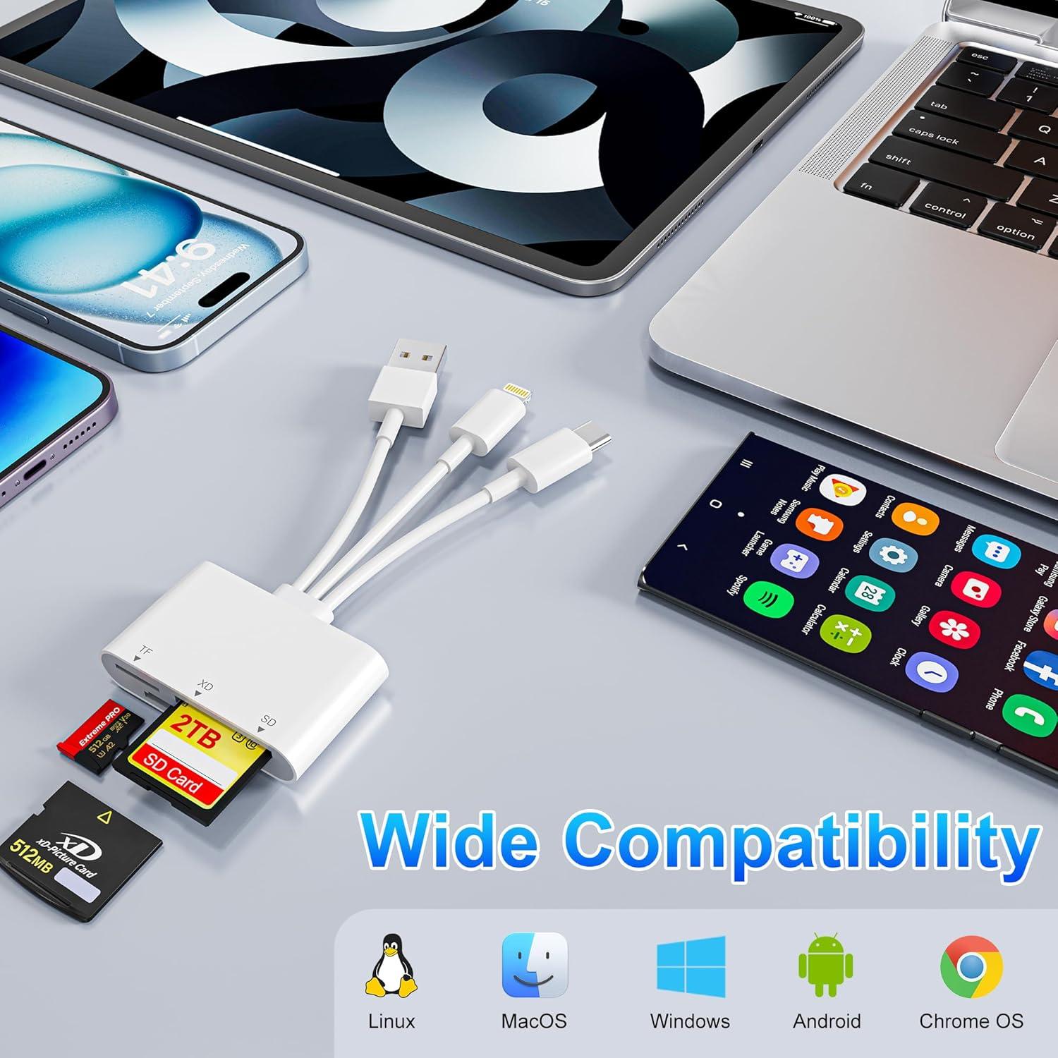 Lector de Tarjetas 3-en-1 Ardaddyn con Lightning, USB-C y USB-A